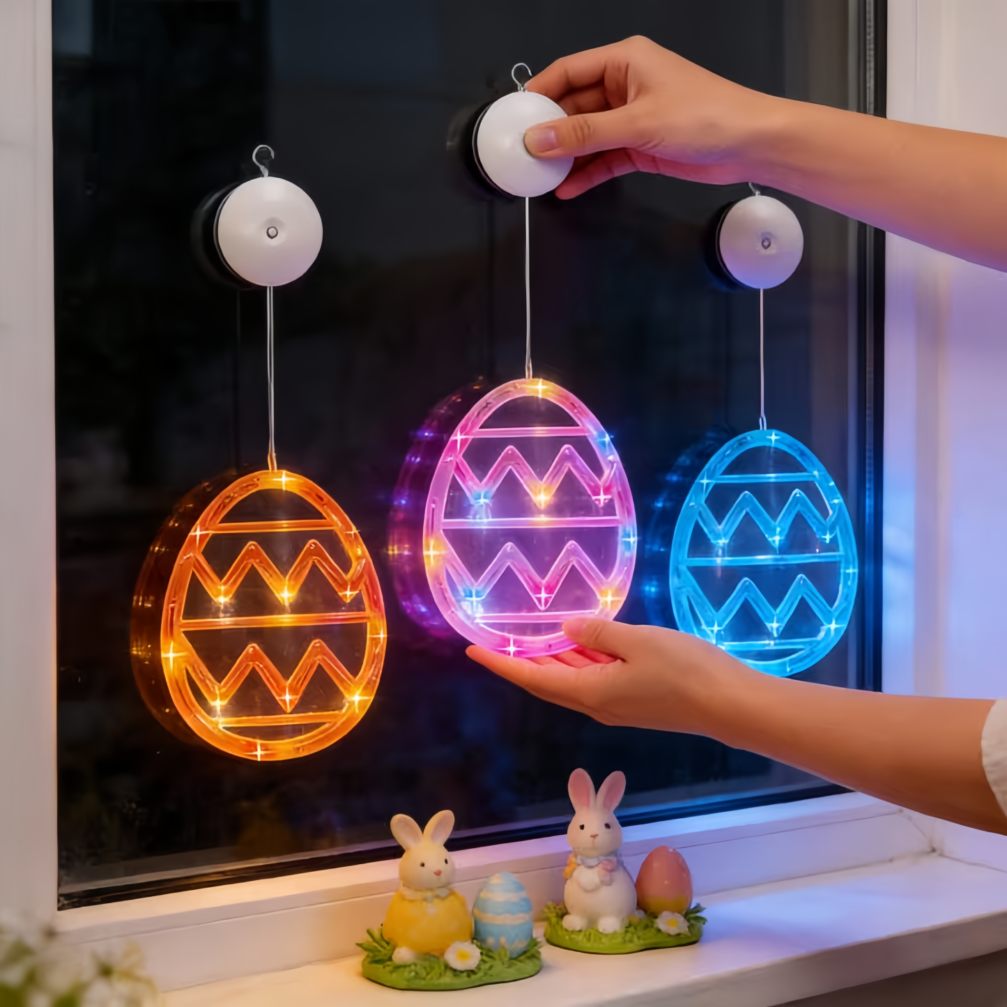 Bunny and Egg LED Window Hanging Lights with Suction Cups