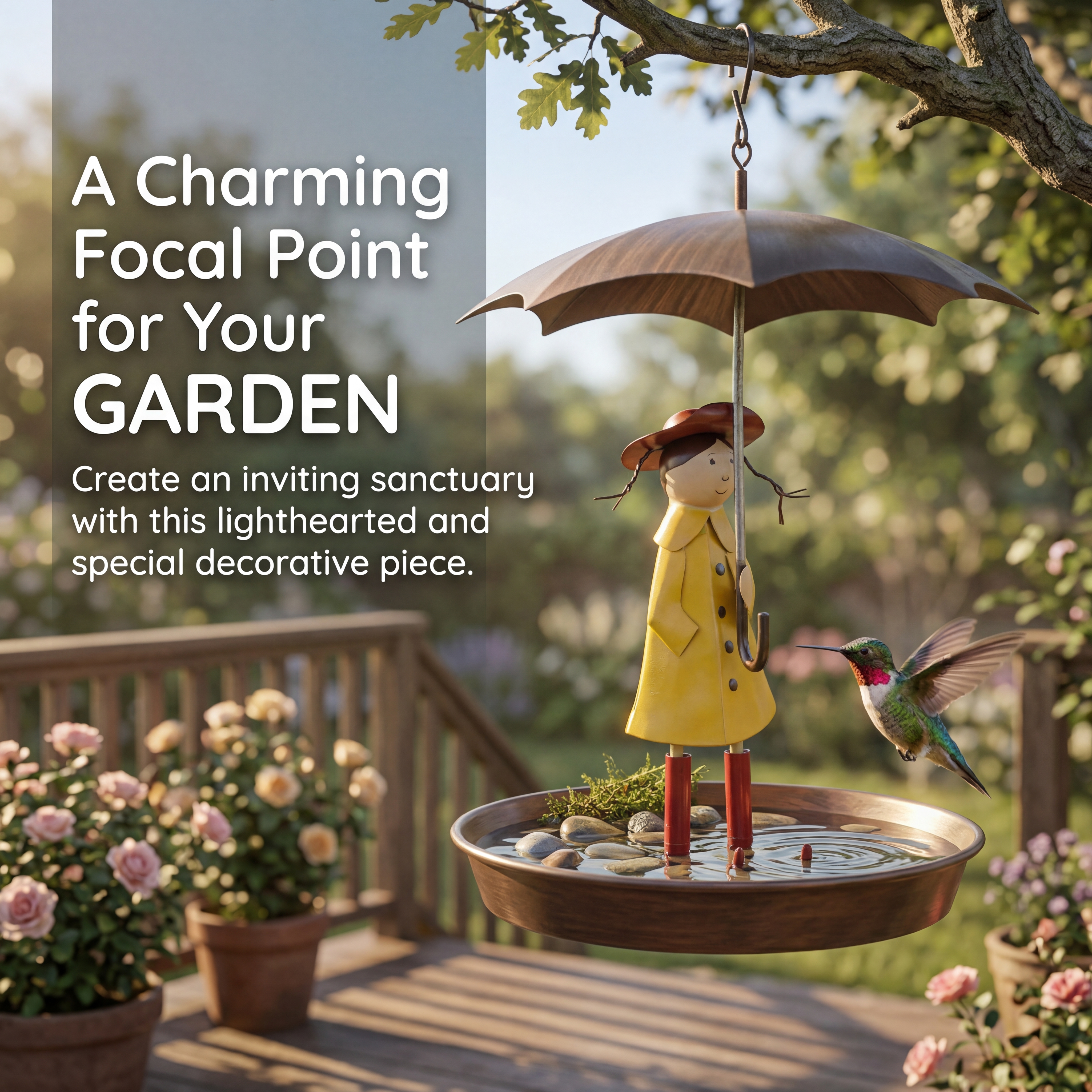 Whimsical Raincoat Girl Hanging Bird Feeder & Bird Bath