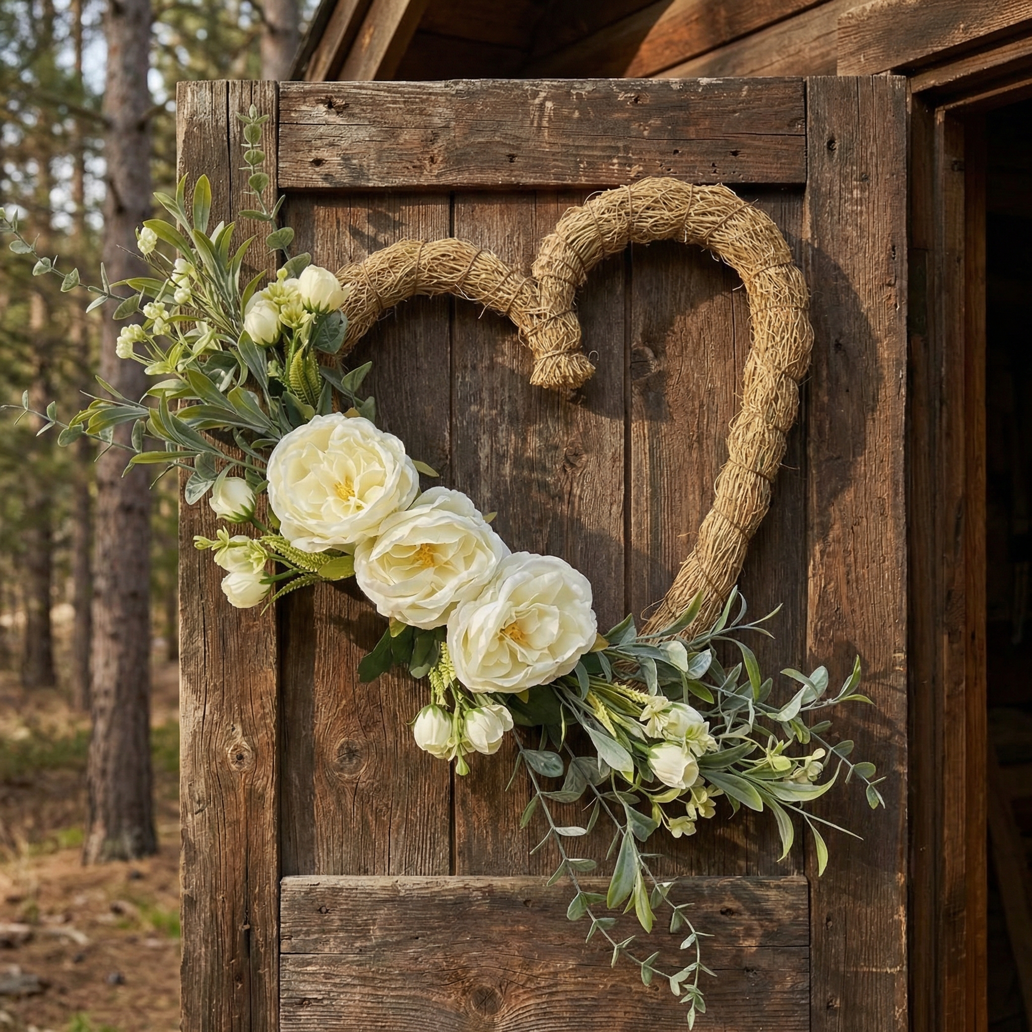 Handmade Heart-Shaped Rattan Wreath with Silk Peony Flowers
