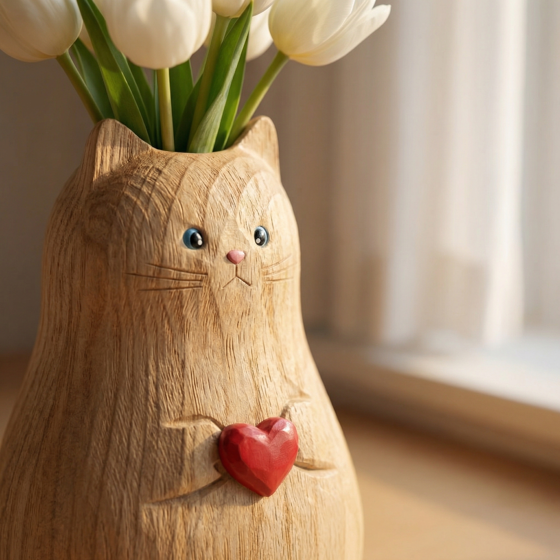 Cat Shaped Flower Vase with Red Heart