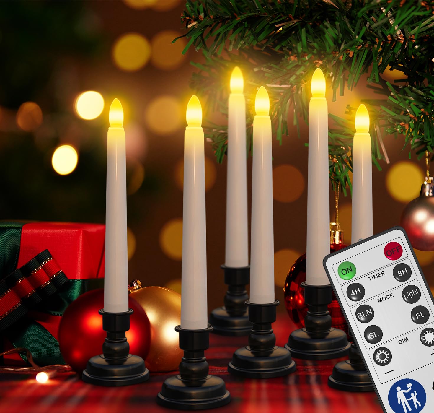 4-Pack Flameless Flickering Christmas Window Candles with Remote & Timer, Black Holders