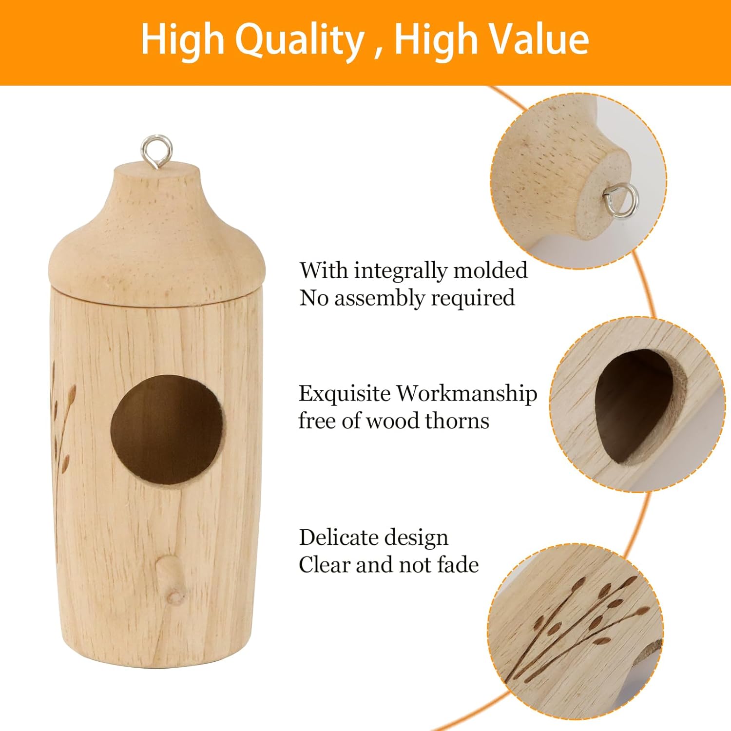 Natural Wooden Hummingbird House for Outdoor Hanging