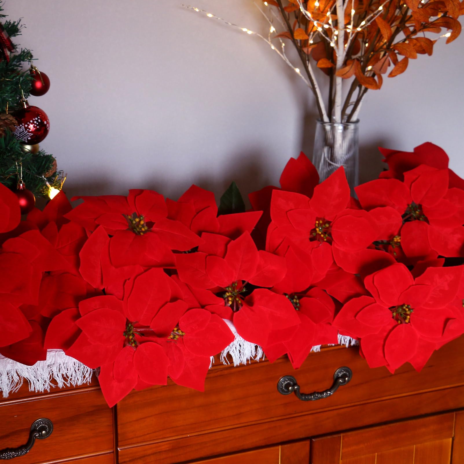3 Pack Christmas Artificial Poinsettia Flowers Stem Bouquets