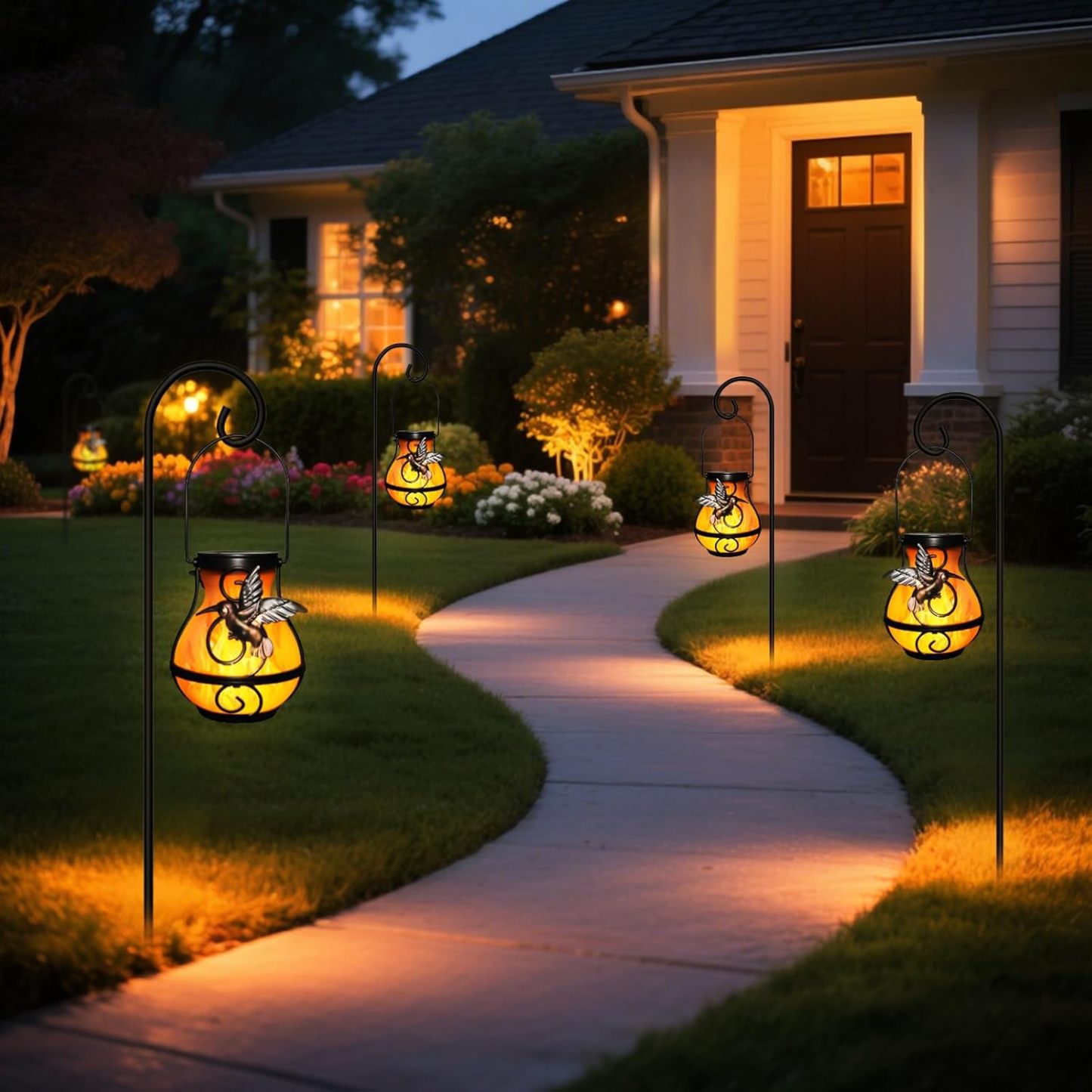 Hummingbird Solar Lantern Outdoor Hanging Flickering Flame Light