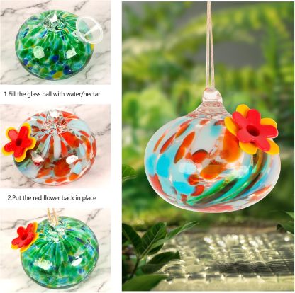 Hand Blown Glass Hummingbird Feeder for Outdoor Hanging