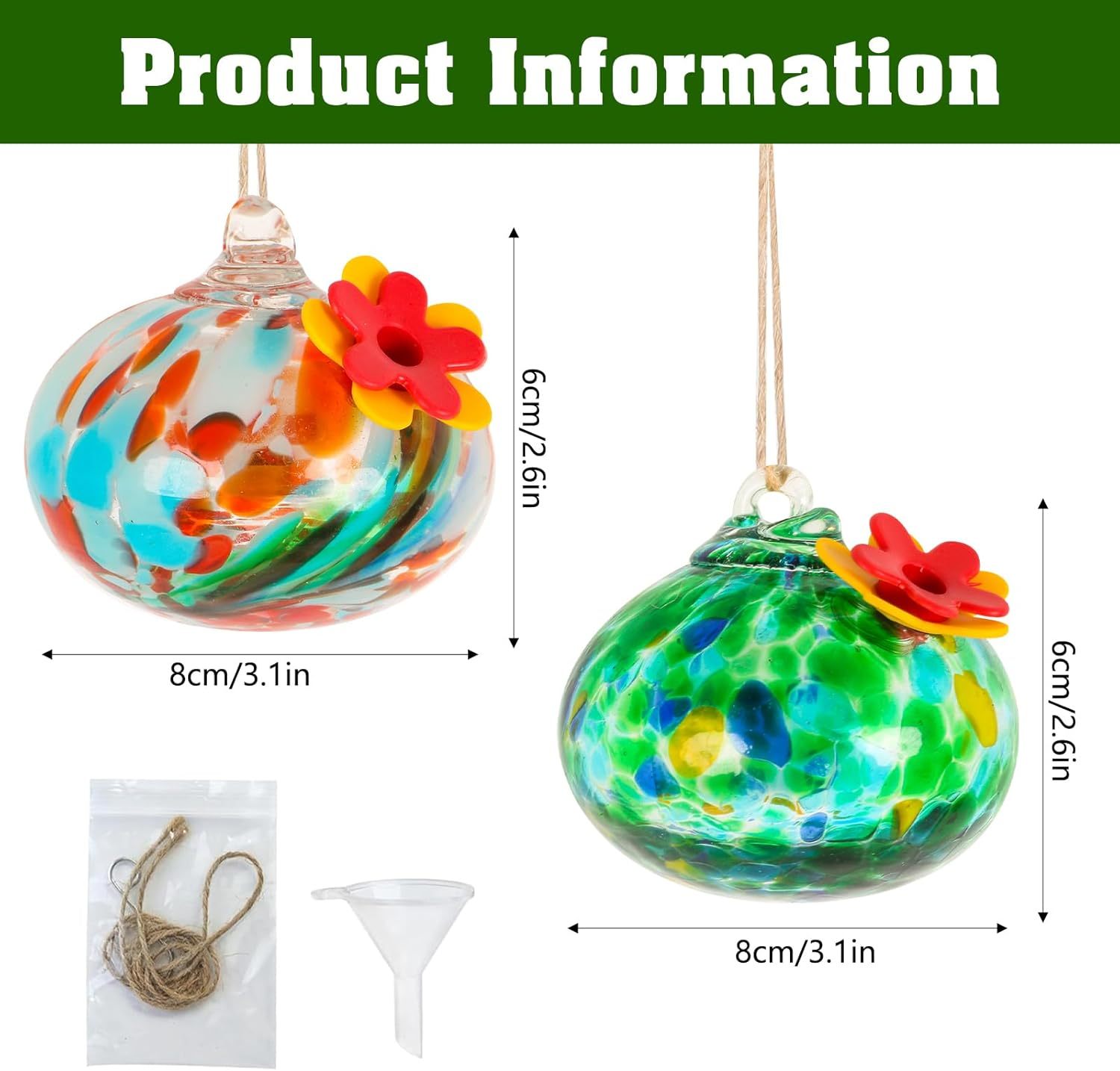 Hand Blown Glass Hummingbird Feeder for Outdoor Hanging