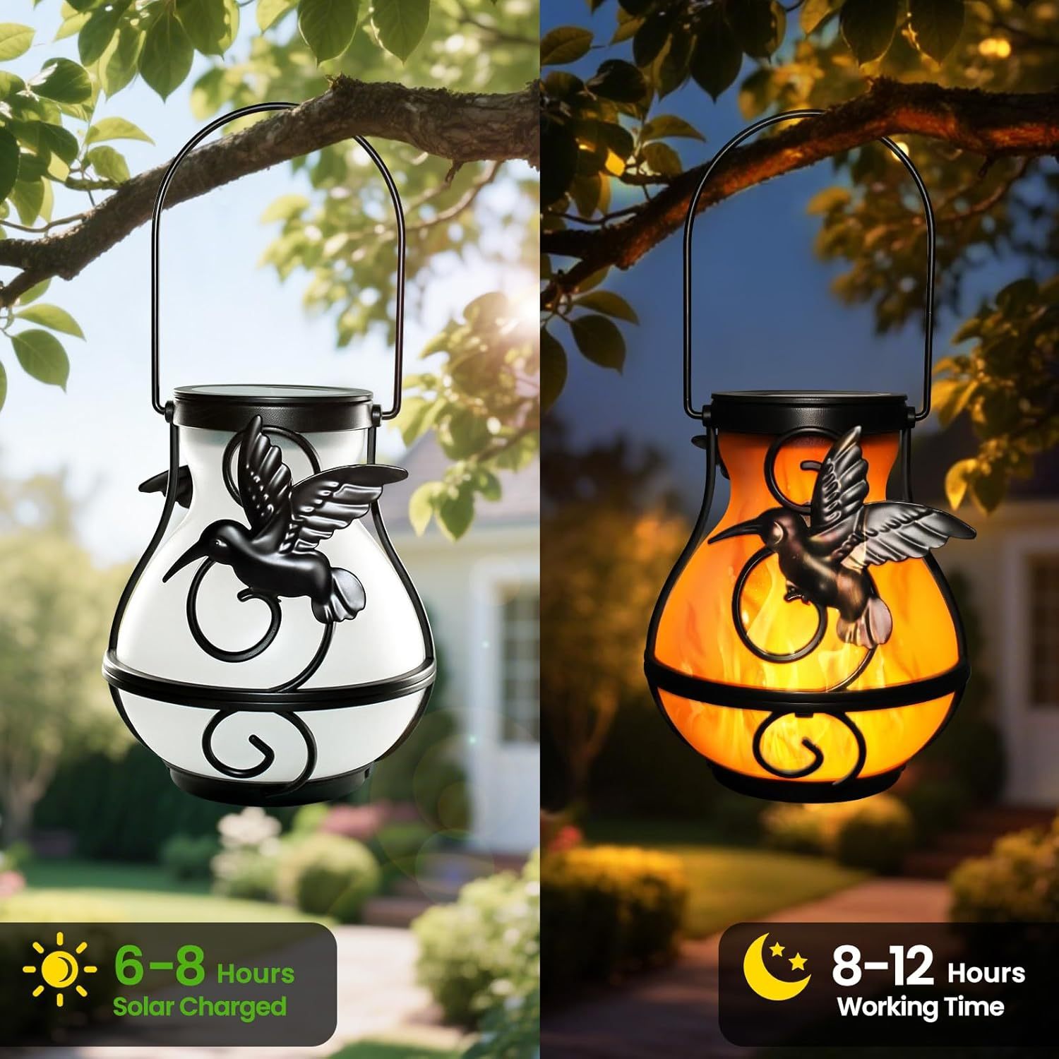 Hummingbird Solar Lantern Outdoor Hanging Flickering Flame Light