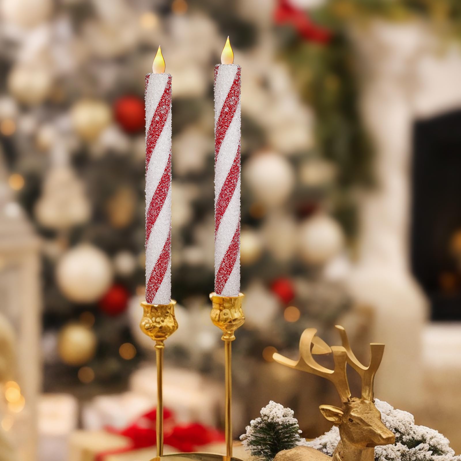 6 Pack Christmas Candy Cane Flameless Flickering Taper Candles with Remote Control