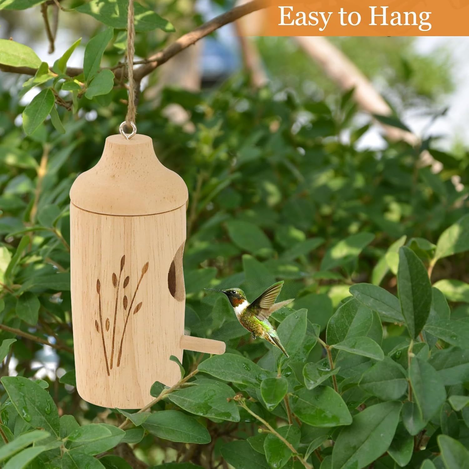 Natural Wooden Hummingbird House for Outdoor Hanging