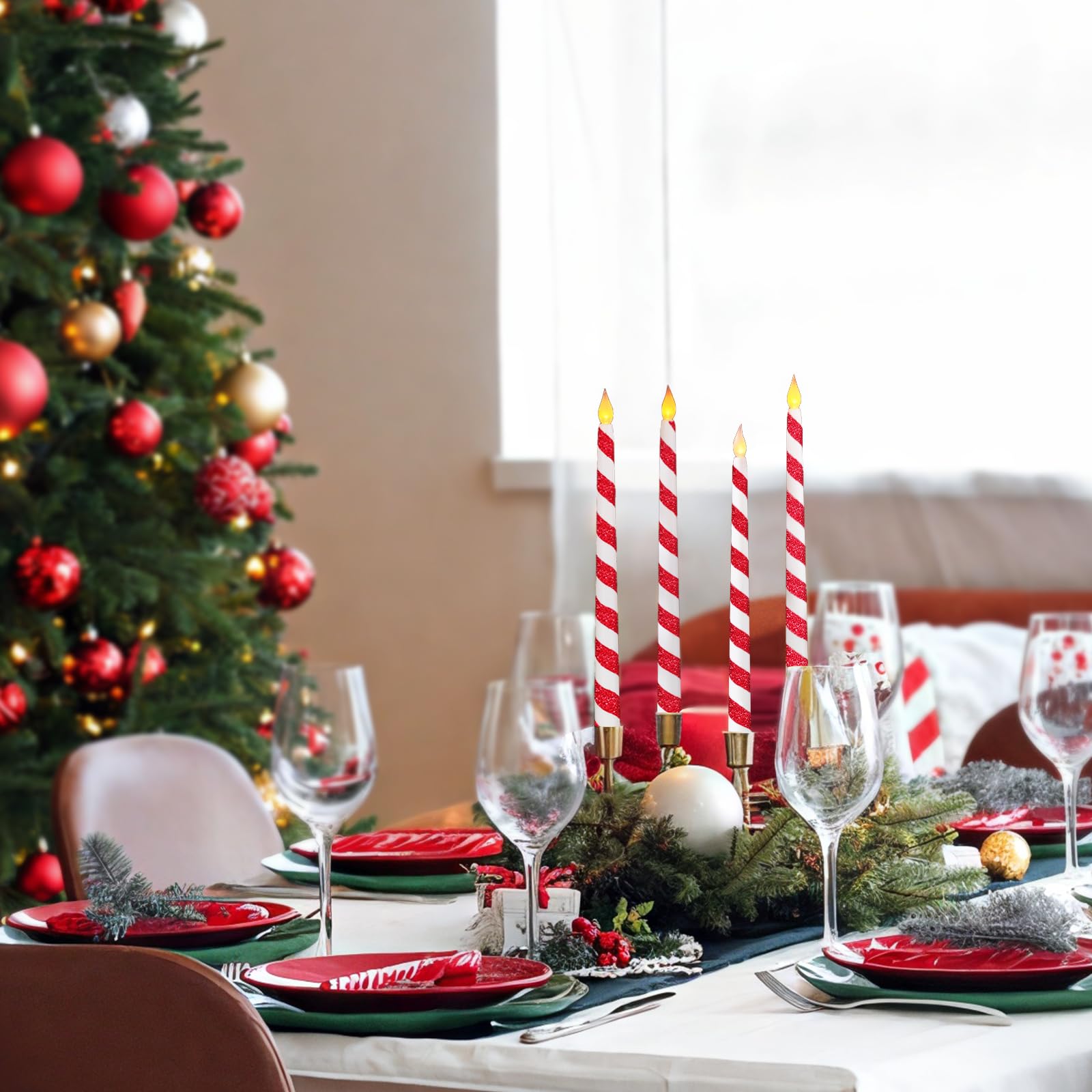 6PCS Christmas Candy Cane Flameless Flickering Taper Candles