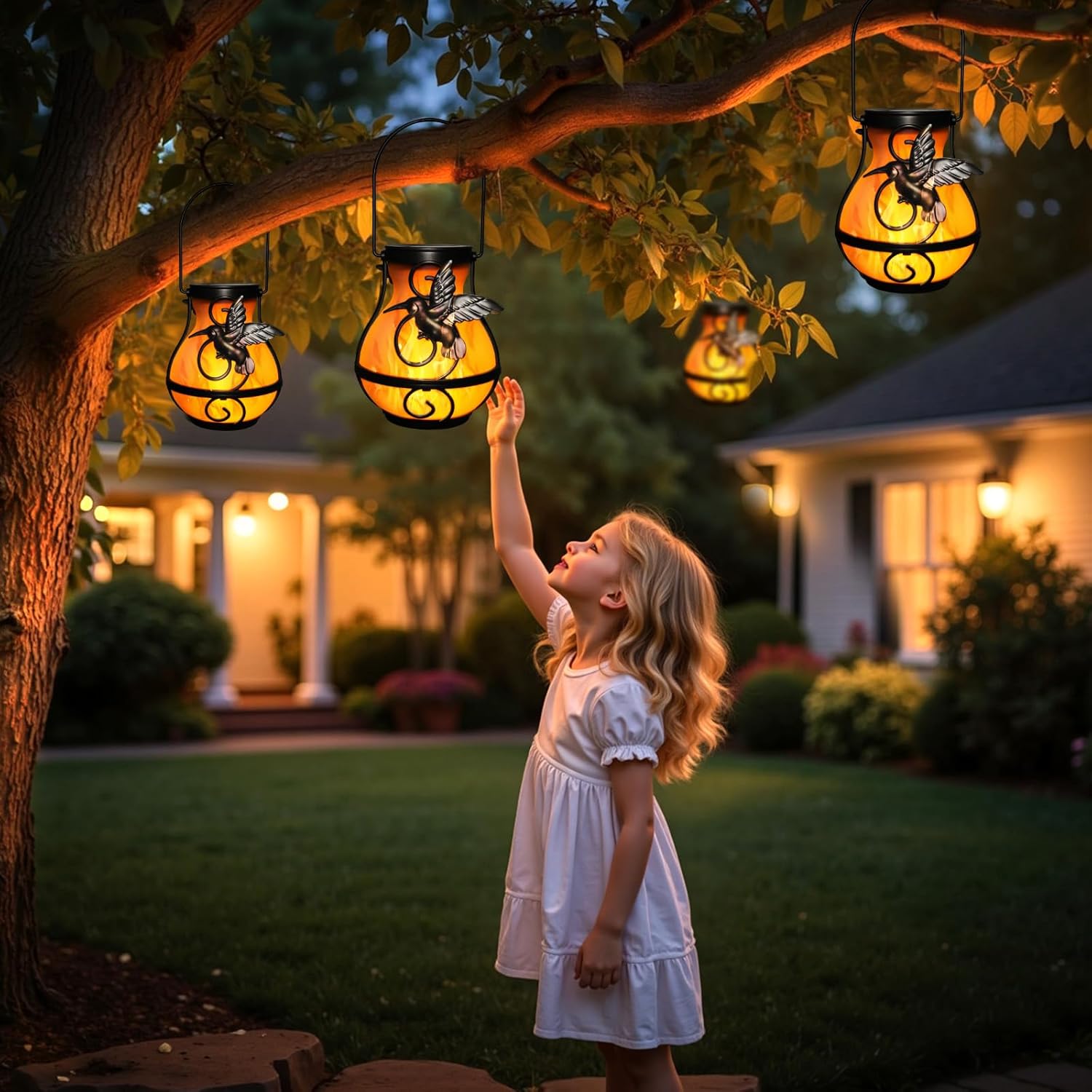 Hummingbird Solar Lantern Outdoor Hanging Flickering Flame Light