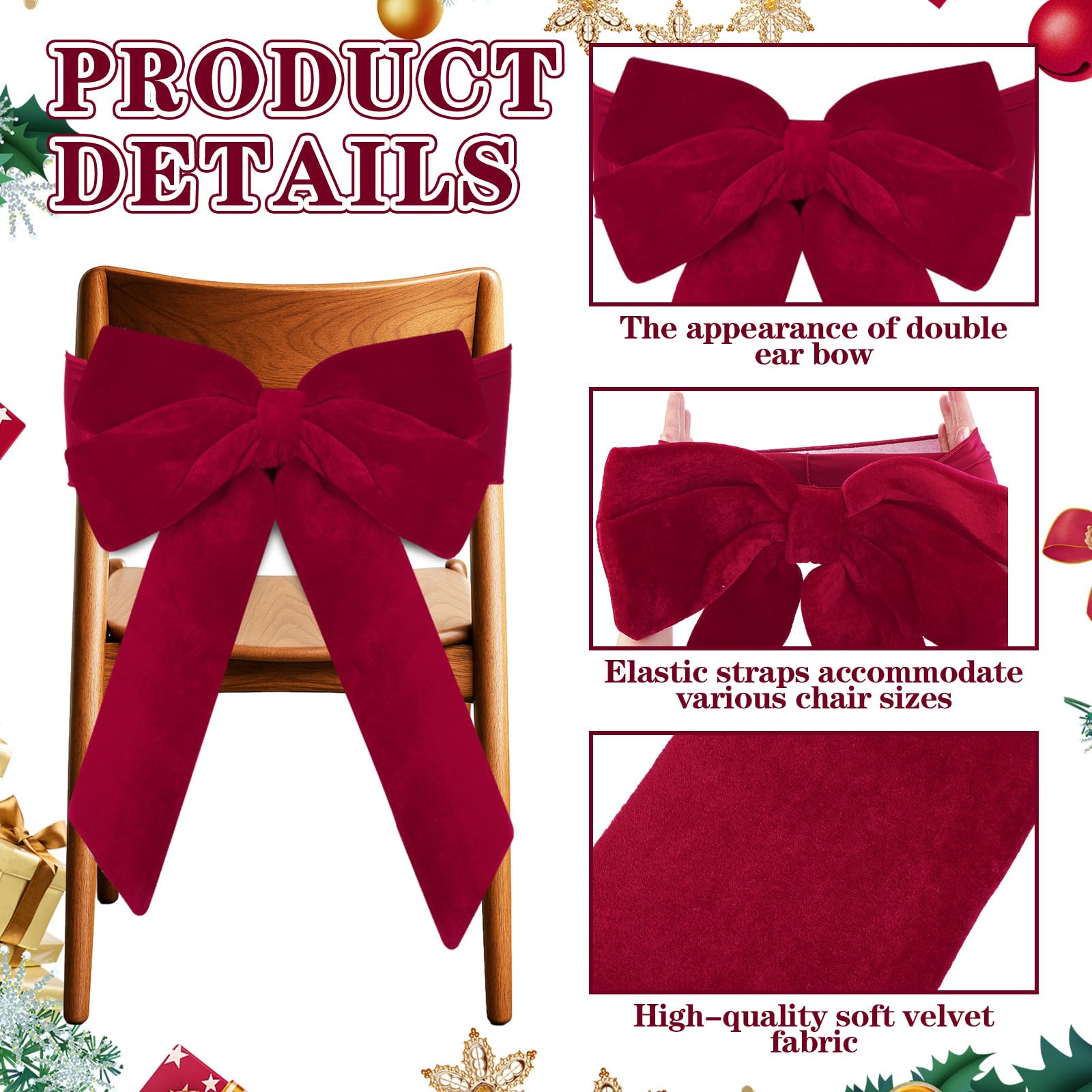 Set of 4 Christmas Velvet Chair Sashes Bows Covers