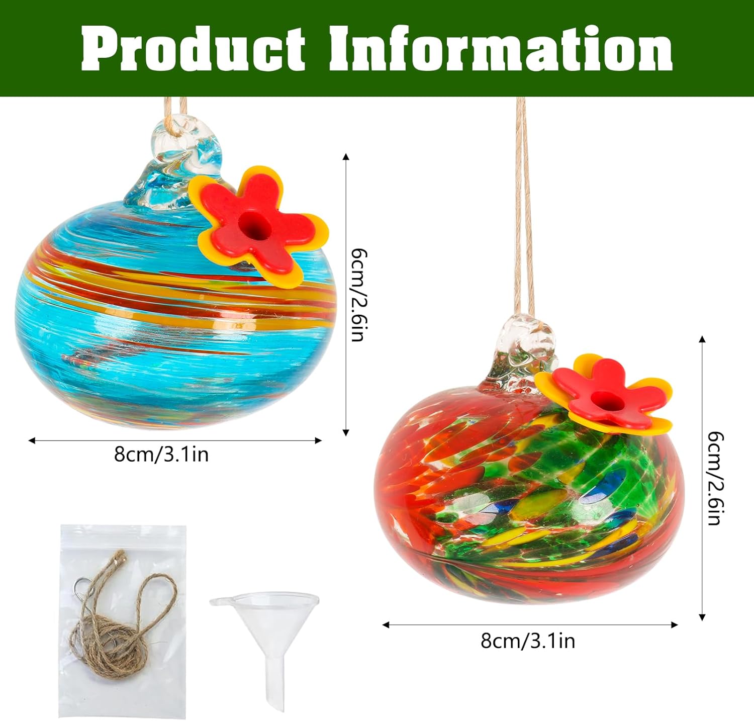 Hand Blown Glass Hummingbird Feeder for Outdoor Hanging