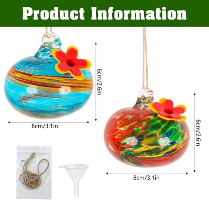 Hand Blown Glass Hummingbird Feeder for Outdoor Hanging