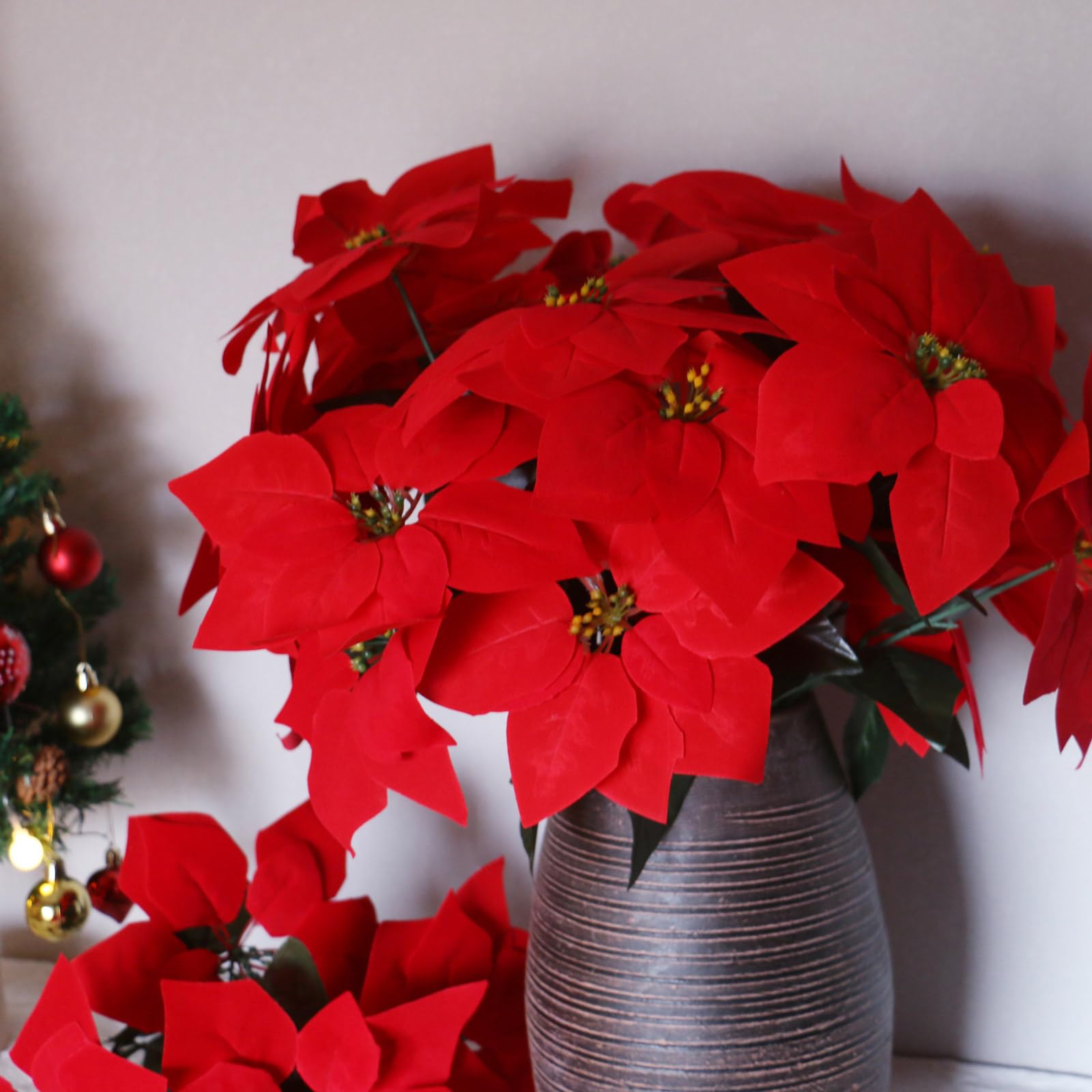 3 Pack Christmas Artificial Poinsettia Flowers Stem Bouquets