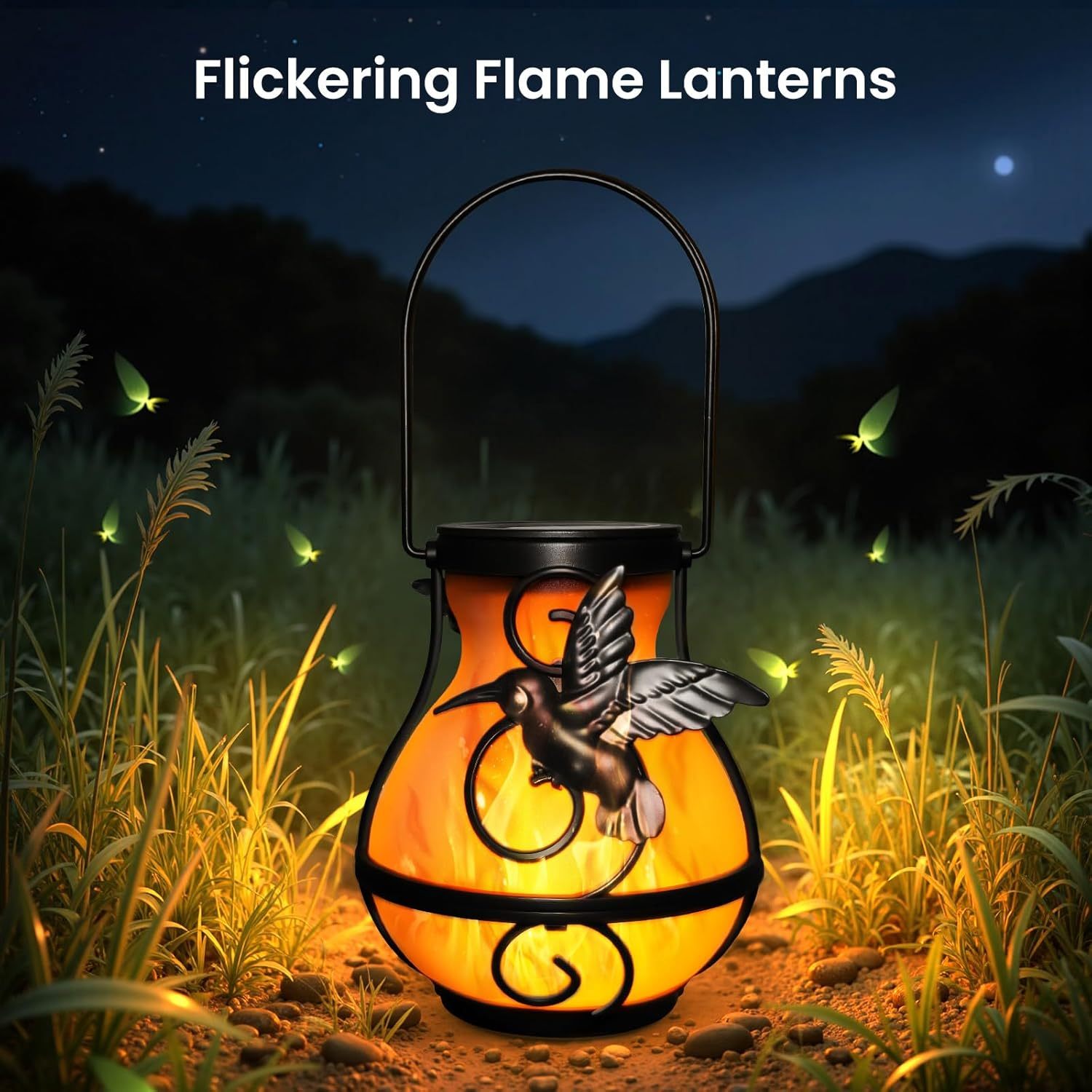 Hummingbird Solar Lantern Outdoor Hanging Flickering Flame Light
