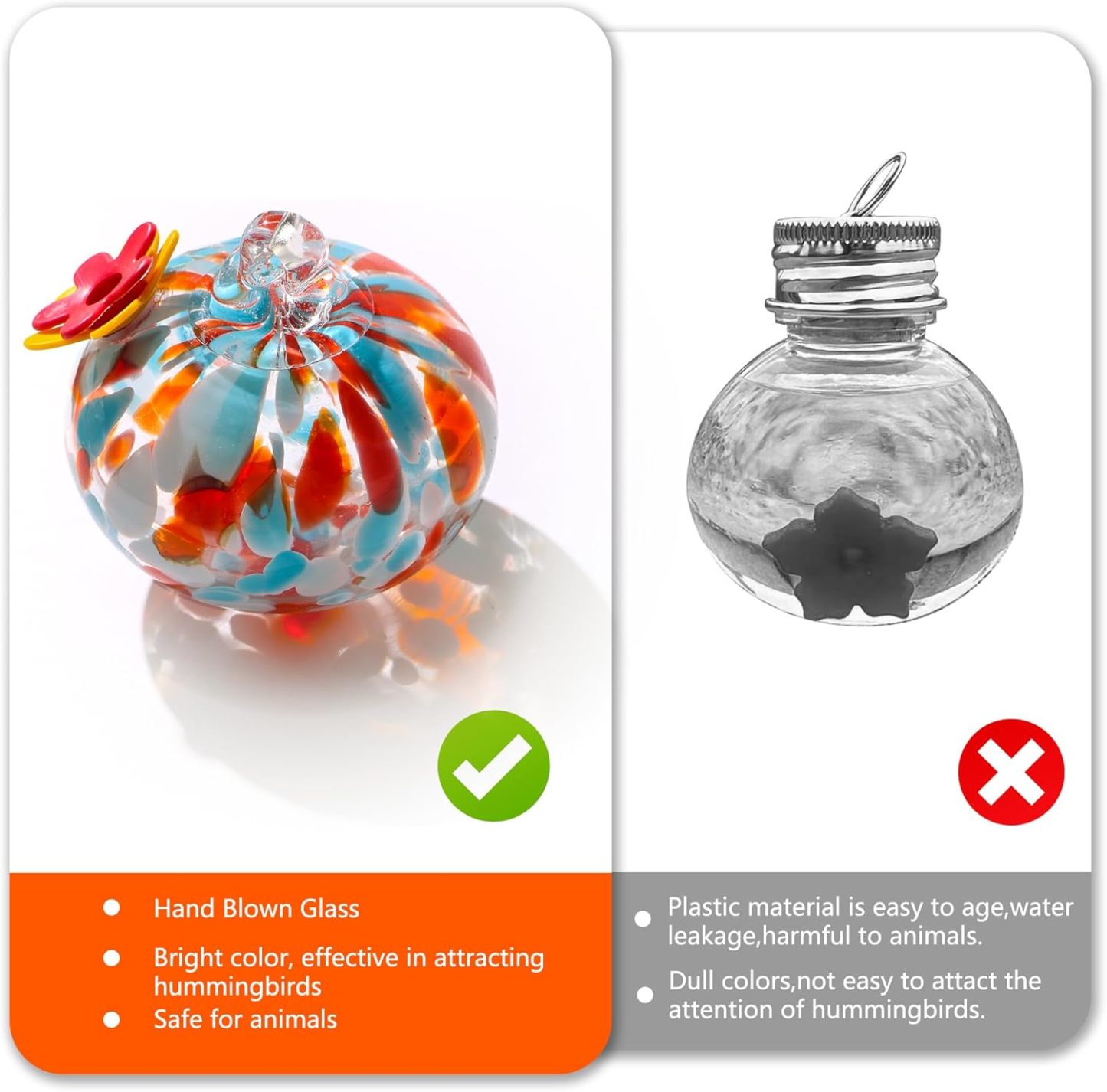 Hand Blown Glass Hummingbird Feeder for Outdoor Hanging