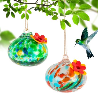 Hand Blown Glass Hummingbird Feeder for Outdoor Hanging