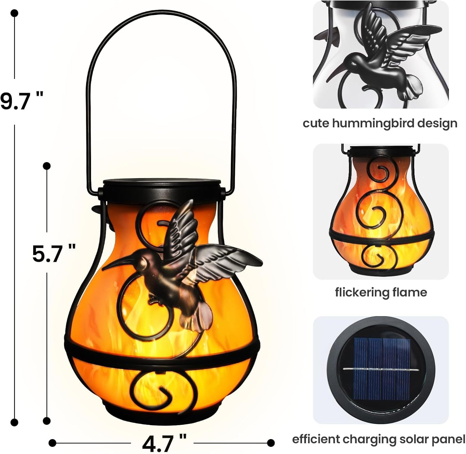 Hummingbird Solar Lantern Outdoor Hanging Flickering Flame Light