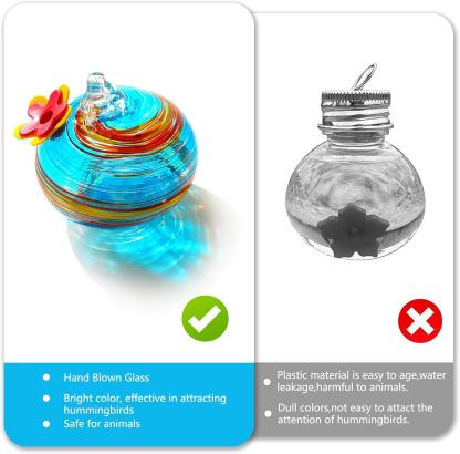 Hand Blown Glass Hummingbird Feeder for Outdoor Hanging
