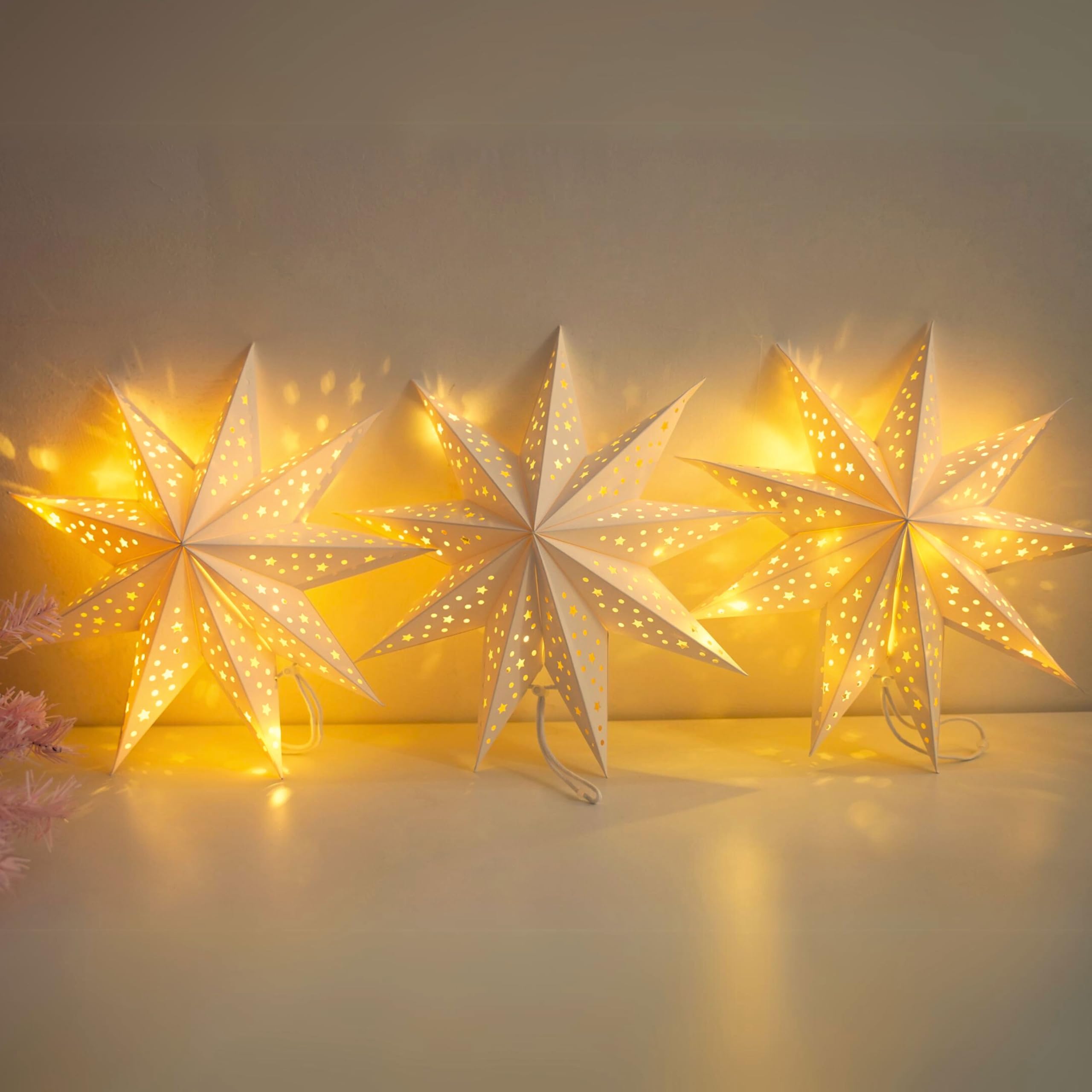 3-Pack LED 3D Hanging Paper Star Lanterns