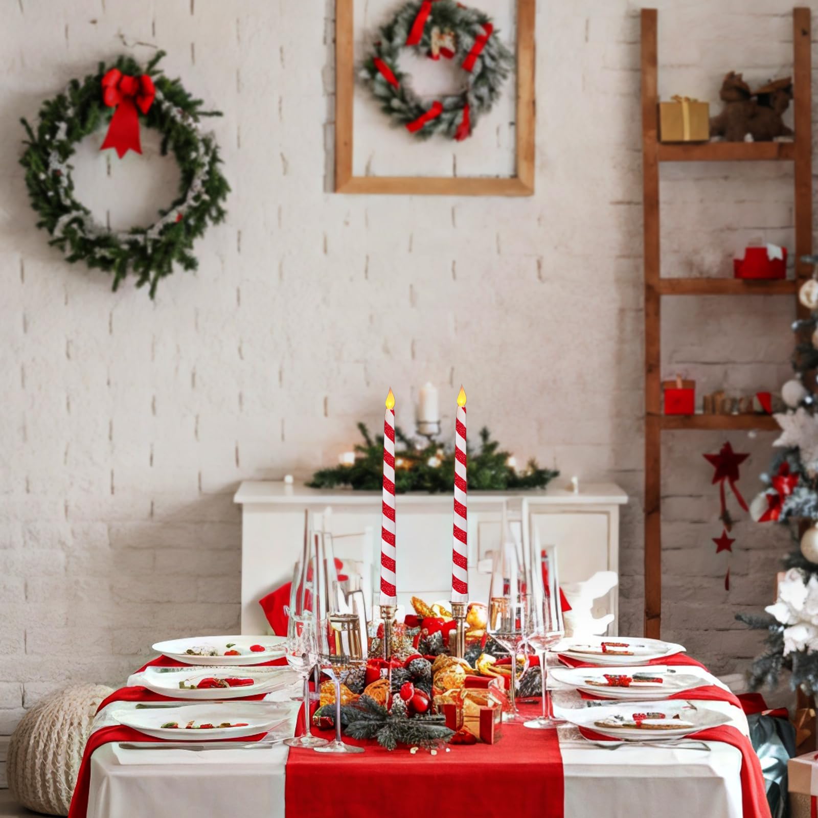 6PCS Christmas Candy Cane Flameless Flickering Taper Candles