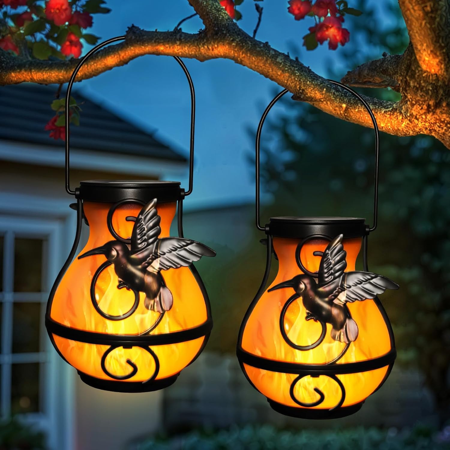 Hummingbird Solar Lantern Outdoor Hanging Flickering Flame Light