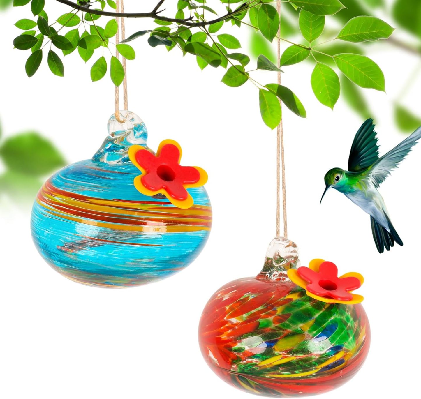 Hand Blown Glass Hummingbird Feeder for Outdoor Hanging
