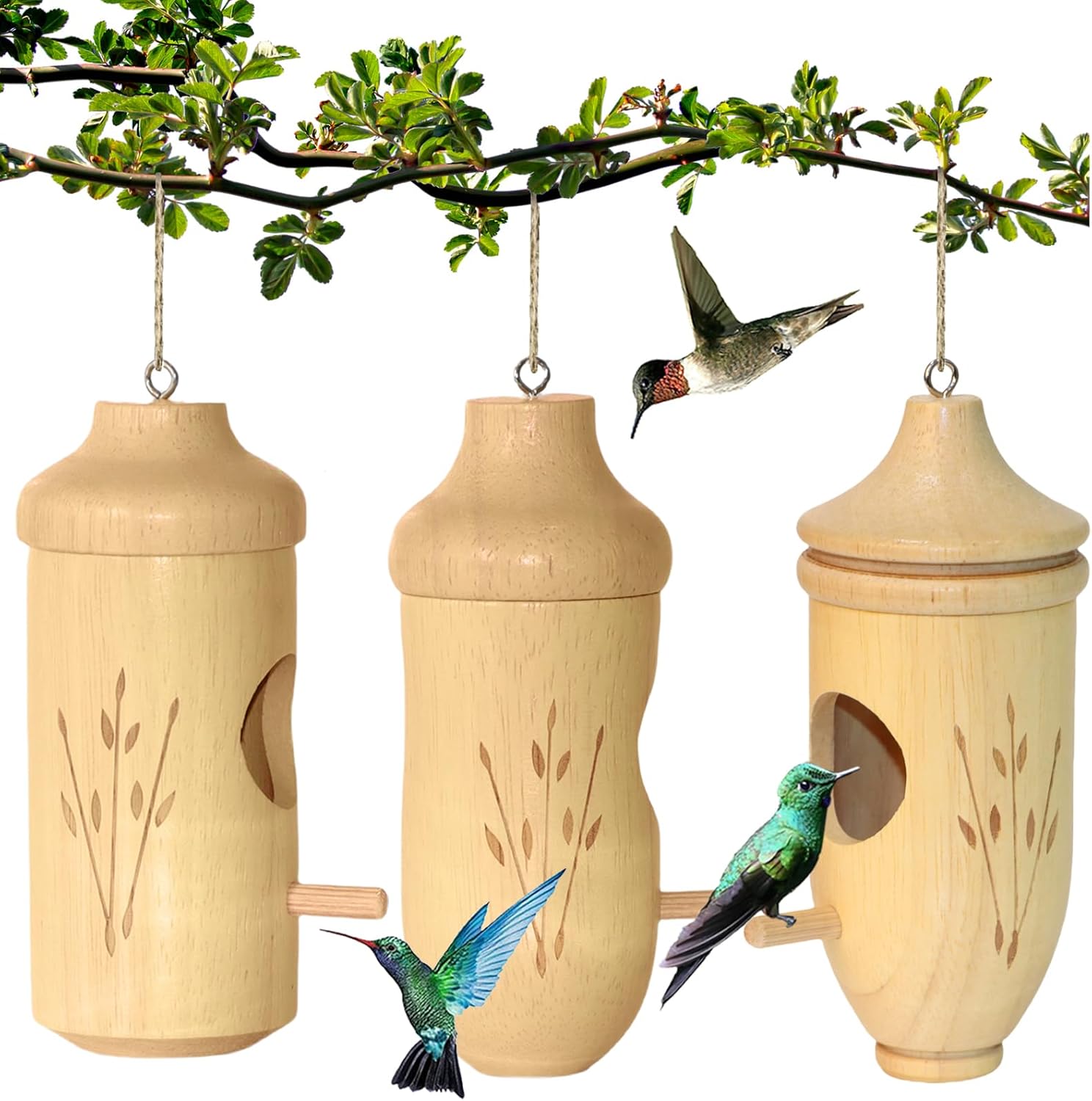 Natural Wooden Hummingbird House for Outdoor Hanging