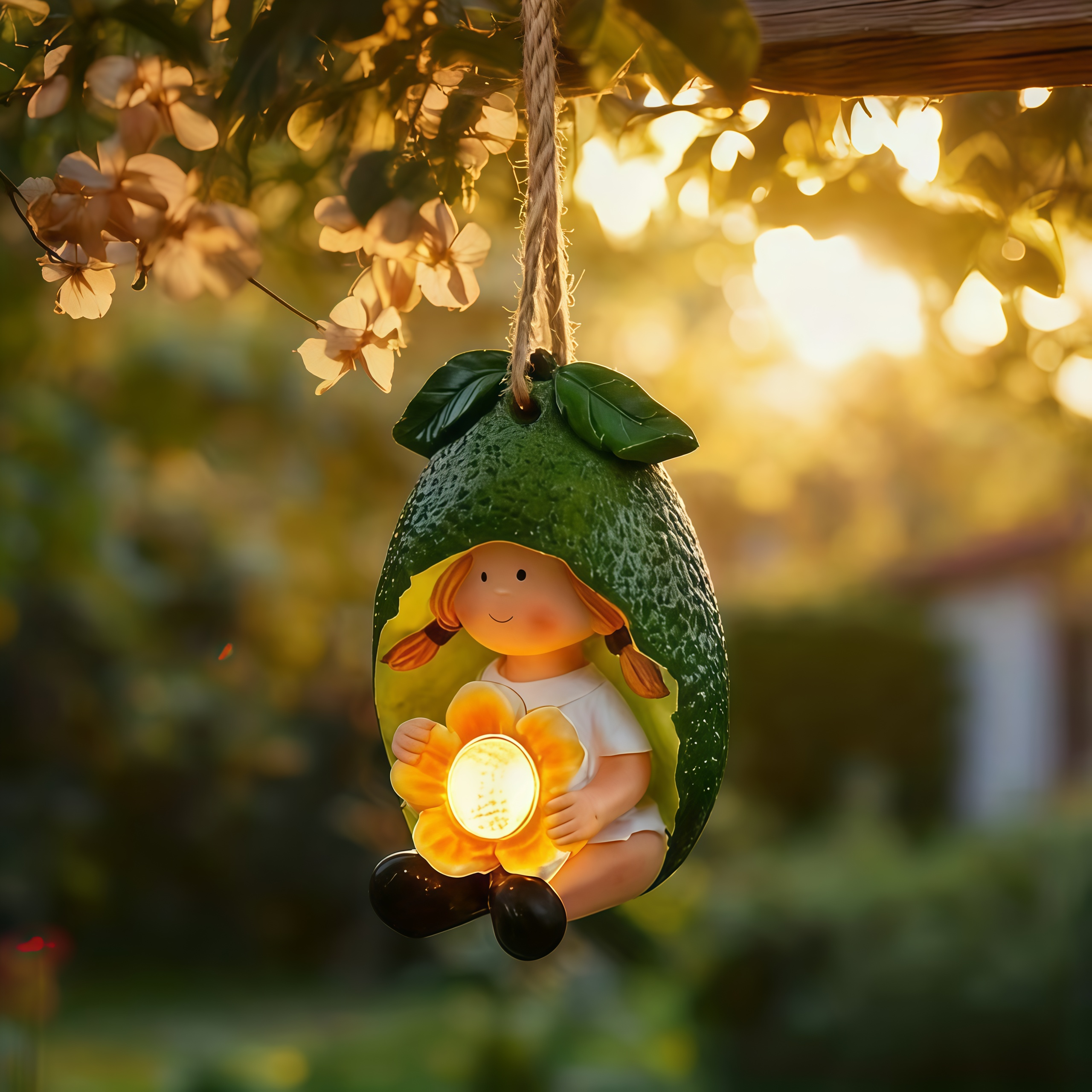 Cute Little Girl & Gnome Figurine Solar Hanging Resin Pendant Garden Lights