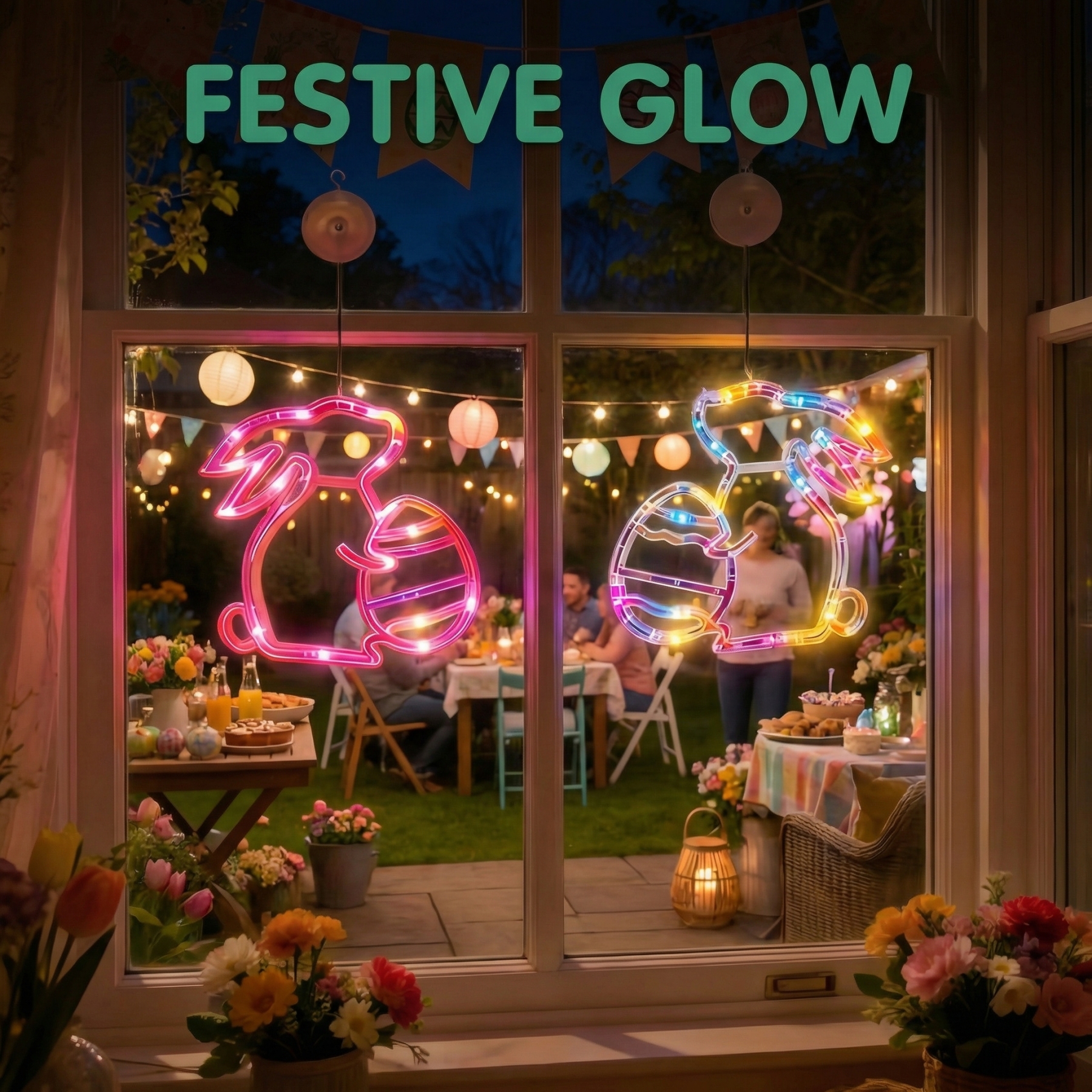 Bunny and Egg LED Window Hanging Lights with Suction Cups