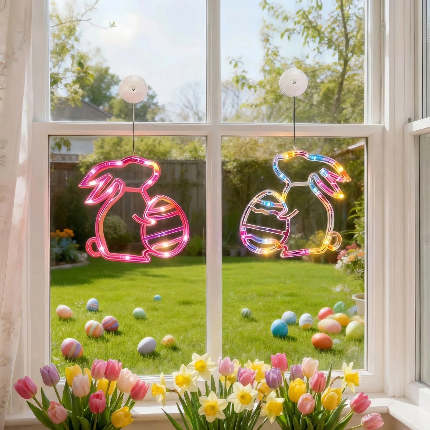 Bunny and Egg LED Window Hanging Lights with Suction Cups
