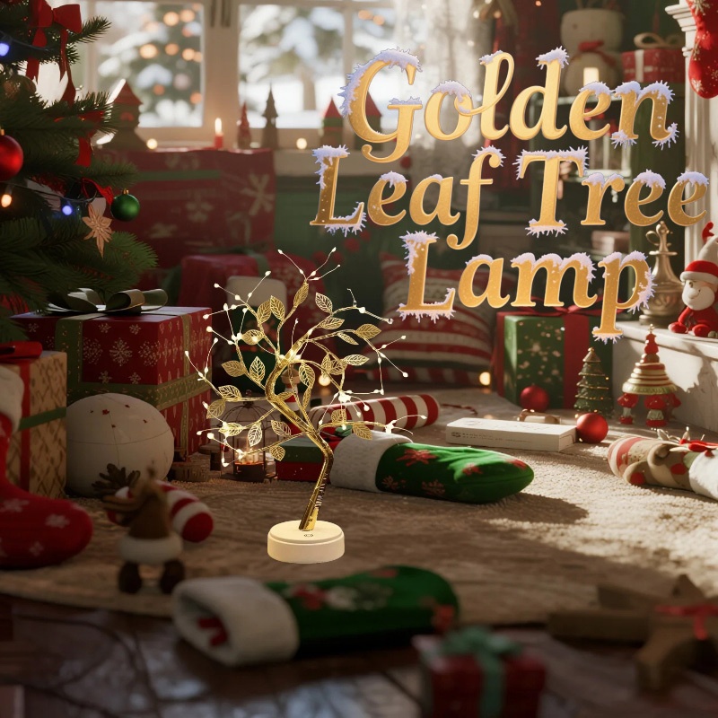 Golden Leaf Tree Lamp with Warm LED Lights