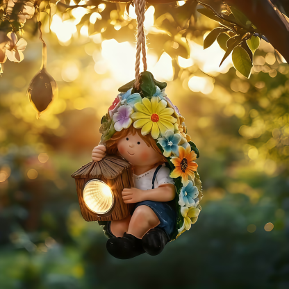 Cute Little Girl & Gnome Figurine Solar Hanging Resin Pendant Garden Lights