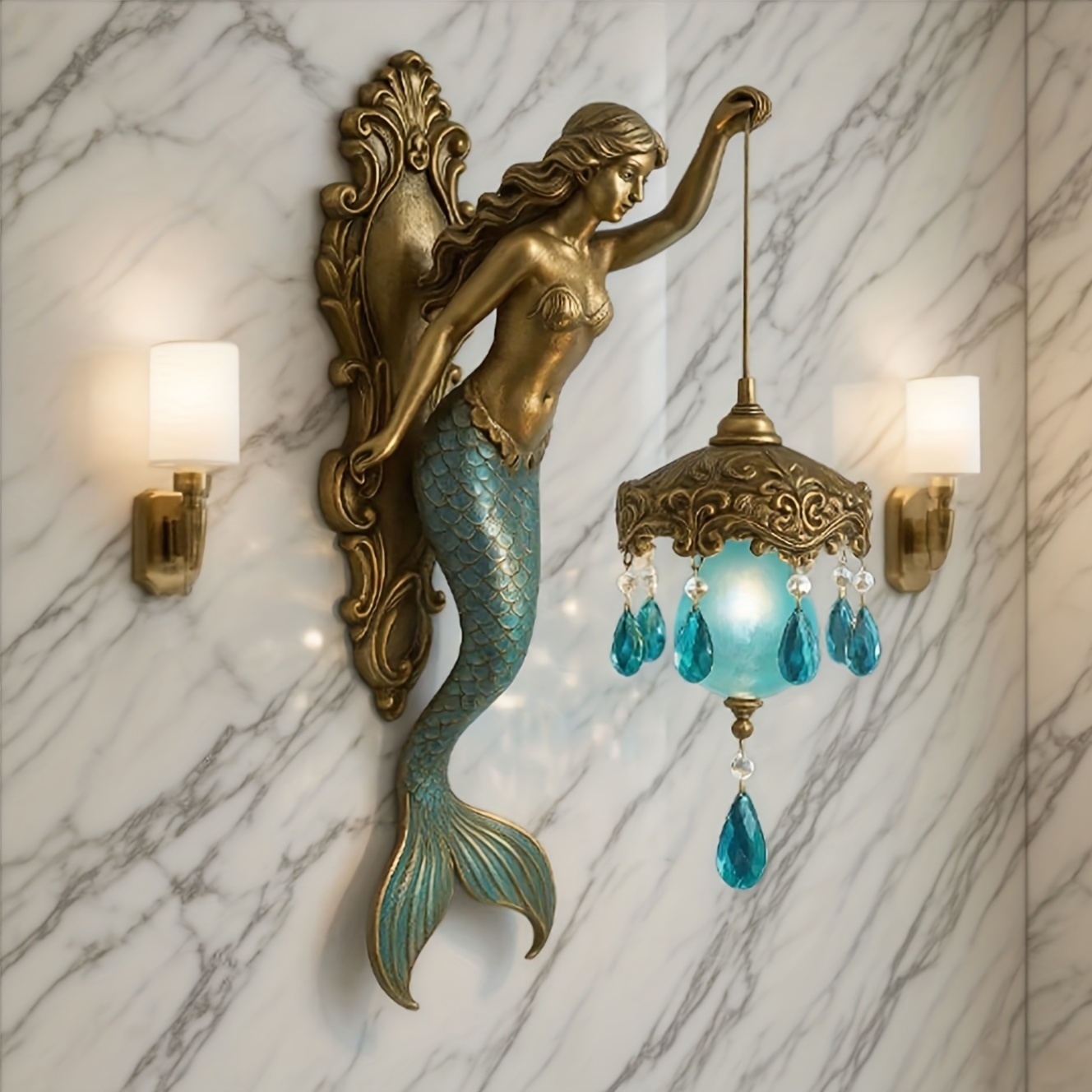 Vintage Bronze Mermaid Wall Lamp with Crystal Droplets