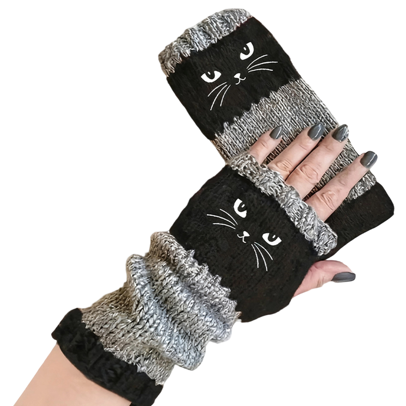 Cute Cat Face Winter Warm Fingerless Gloves