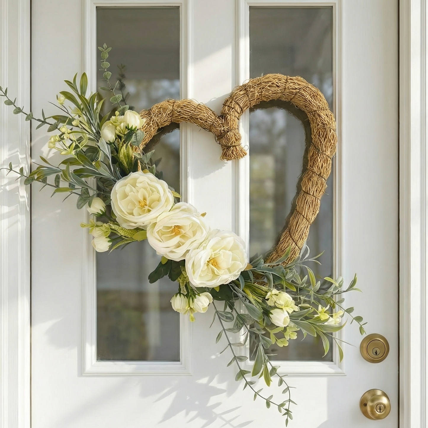 Handmade Heart-Shaped Rattan Wreath with Silk Peony Flowers