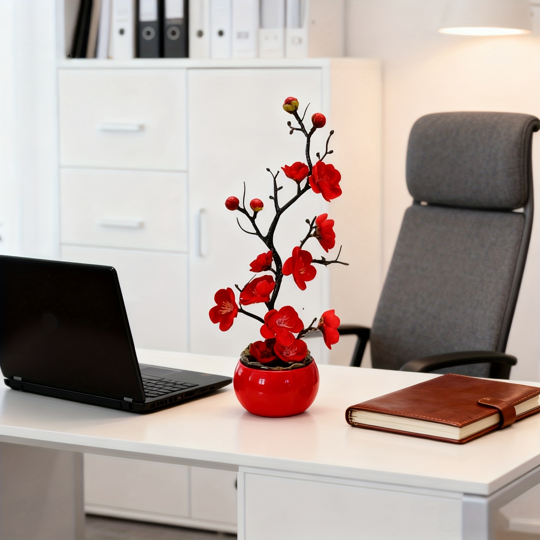 Artificial Plum Blossom Bonsai Tree in Red Pot