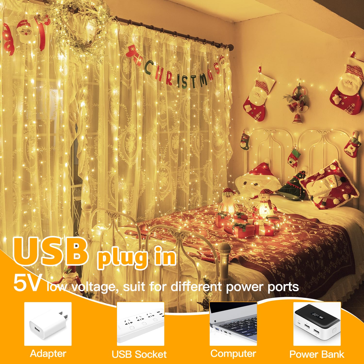 10FT 10FT Curtain Fairy Lights 300 LED Indoor Outdoor String Lights