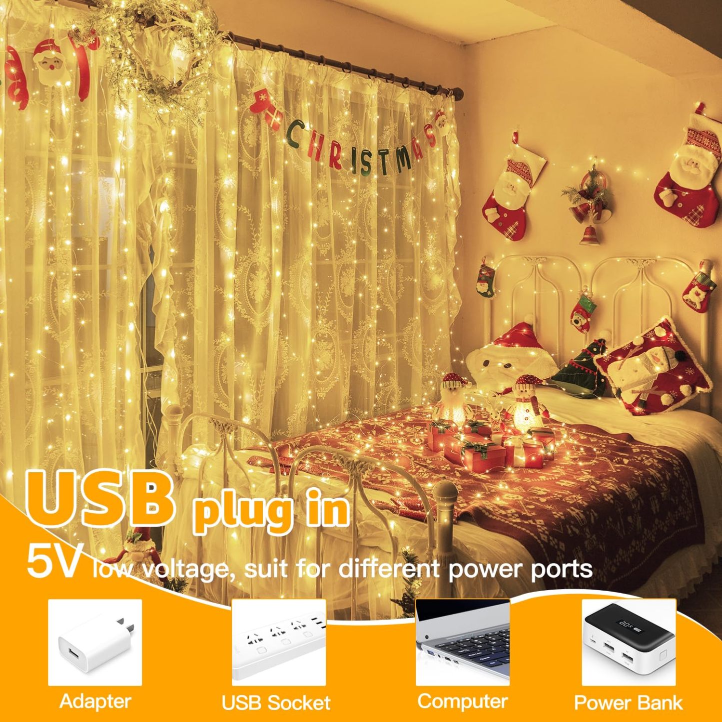 10FT 10FT Curtain Fairy Lights 300 LED Indoor Outdoor String Lights