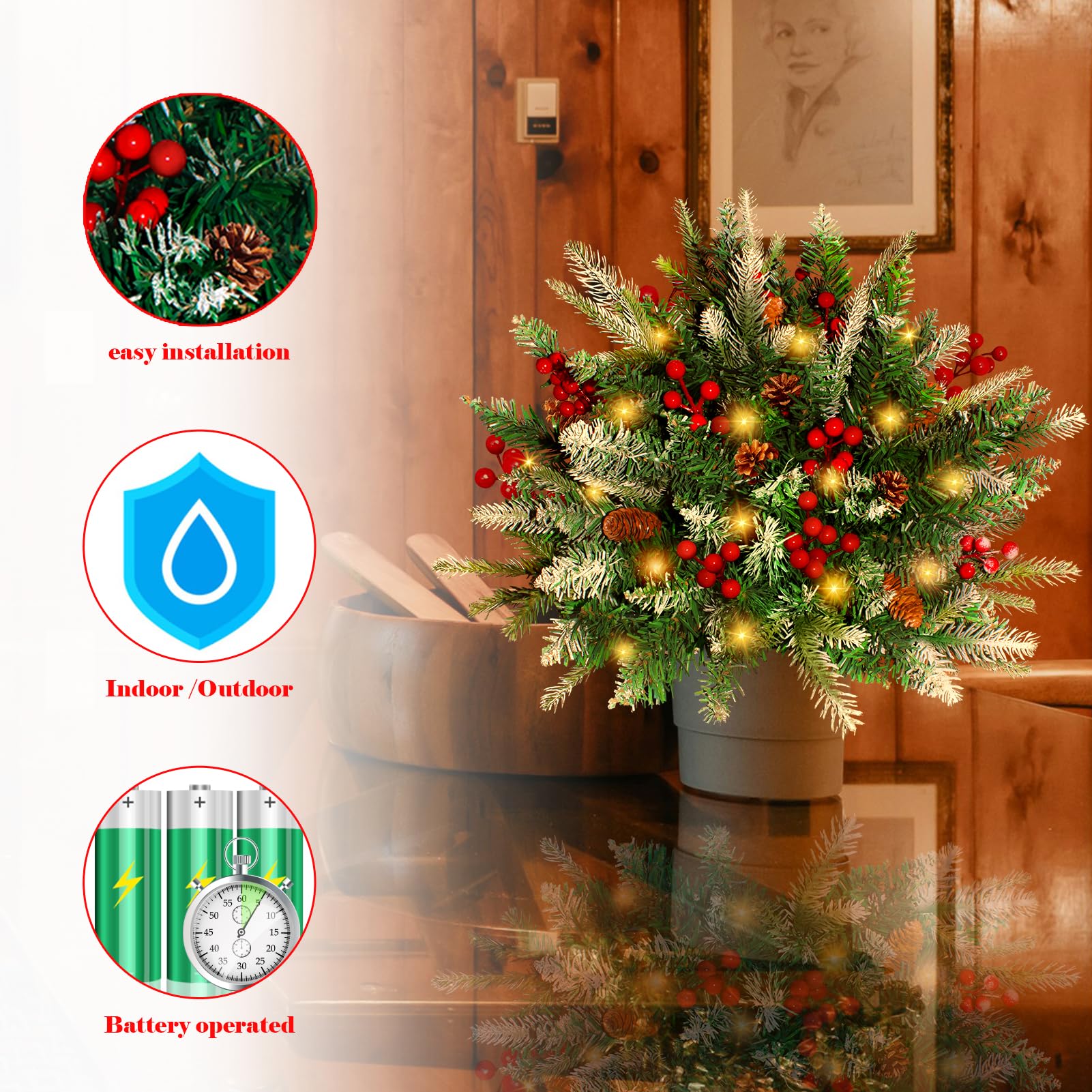 Pre-lit Artificial Xmas PineTree with Cones & Red Berries