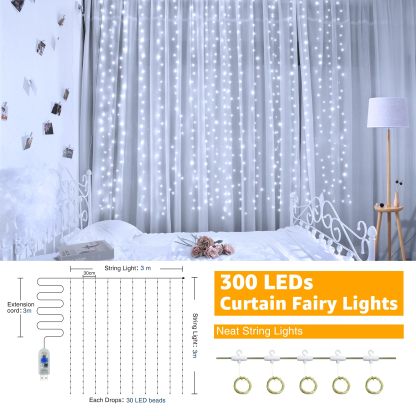 10FT 10FT Curtain Fairy Lights 300 LED Indoor Outdoor String Lights