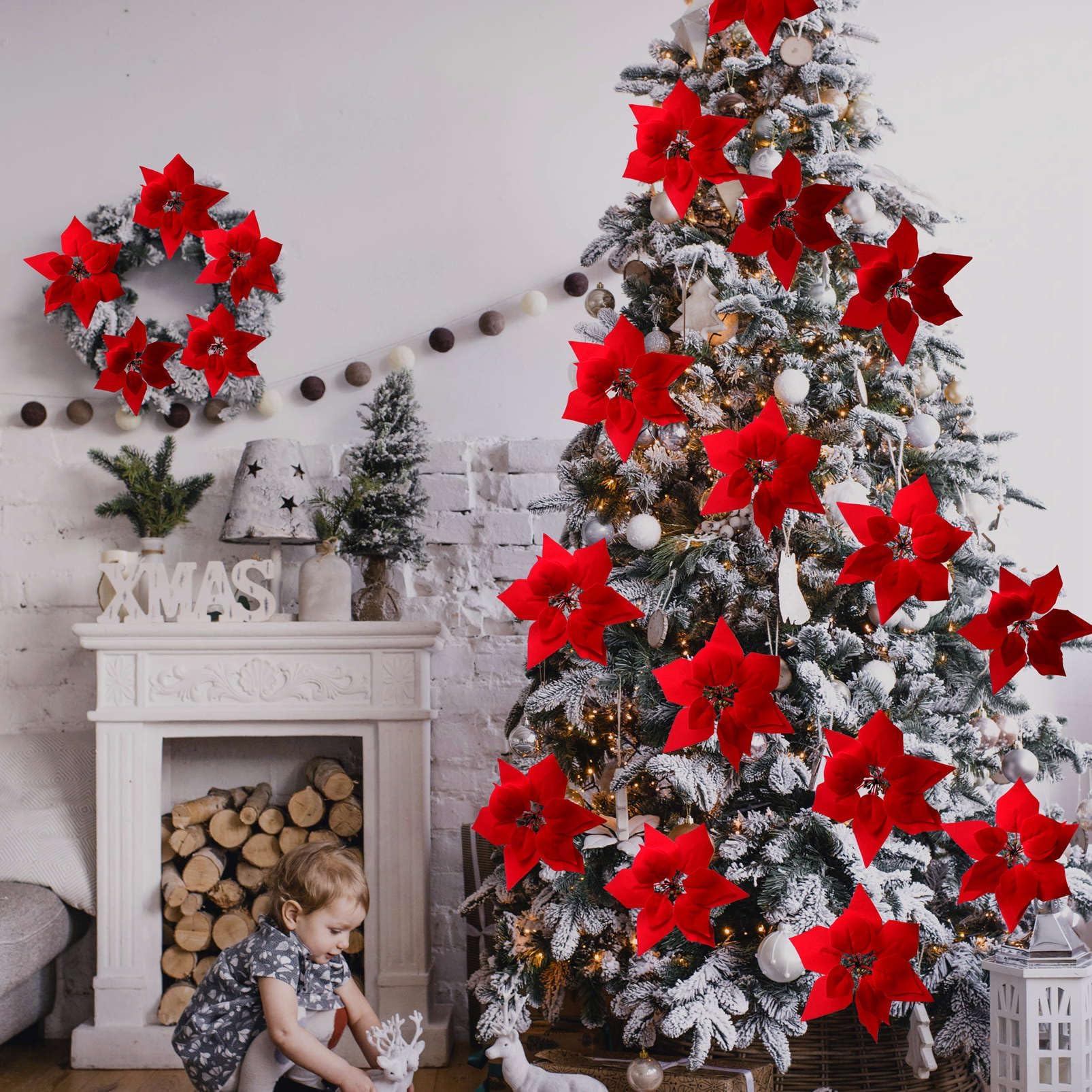 3 Pack Christmas Artificial Poinsettia Flowers Stem Bouquets