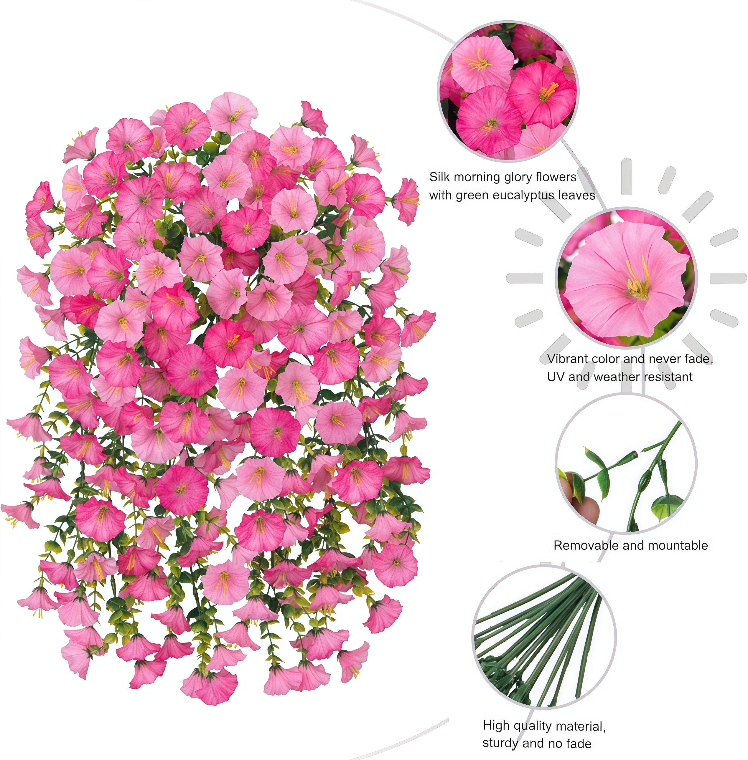 Artificial Hanging Morning Glory Flowers with Greenery, UV Resistant