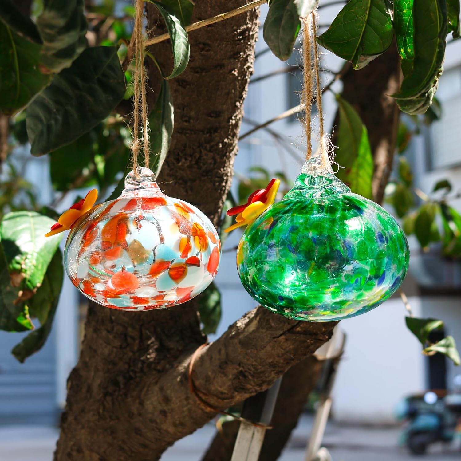 Hand Blown Glass Hummingbird Feeder for Outdoor Hanging