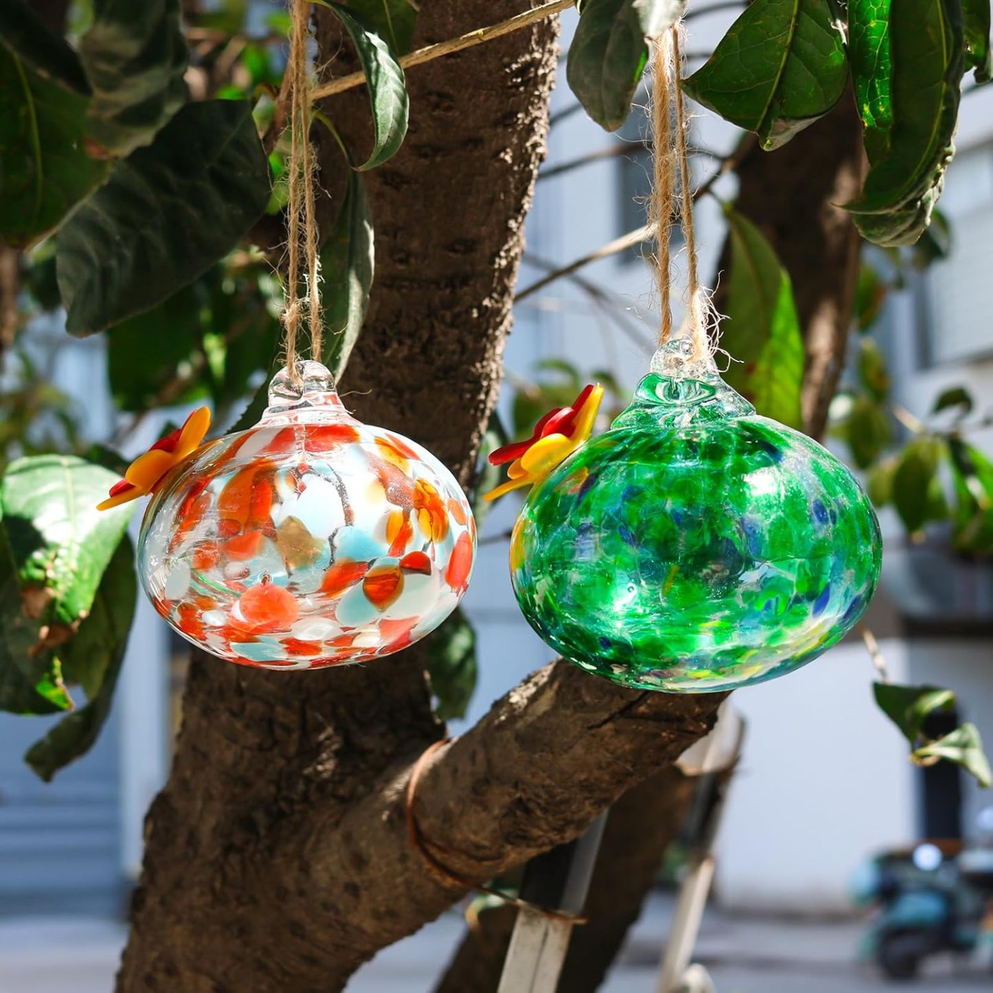 Hand Blown Glass Hummingbird Feeder for Outdoor Hanging