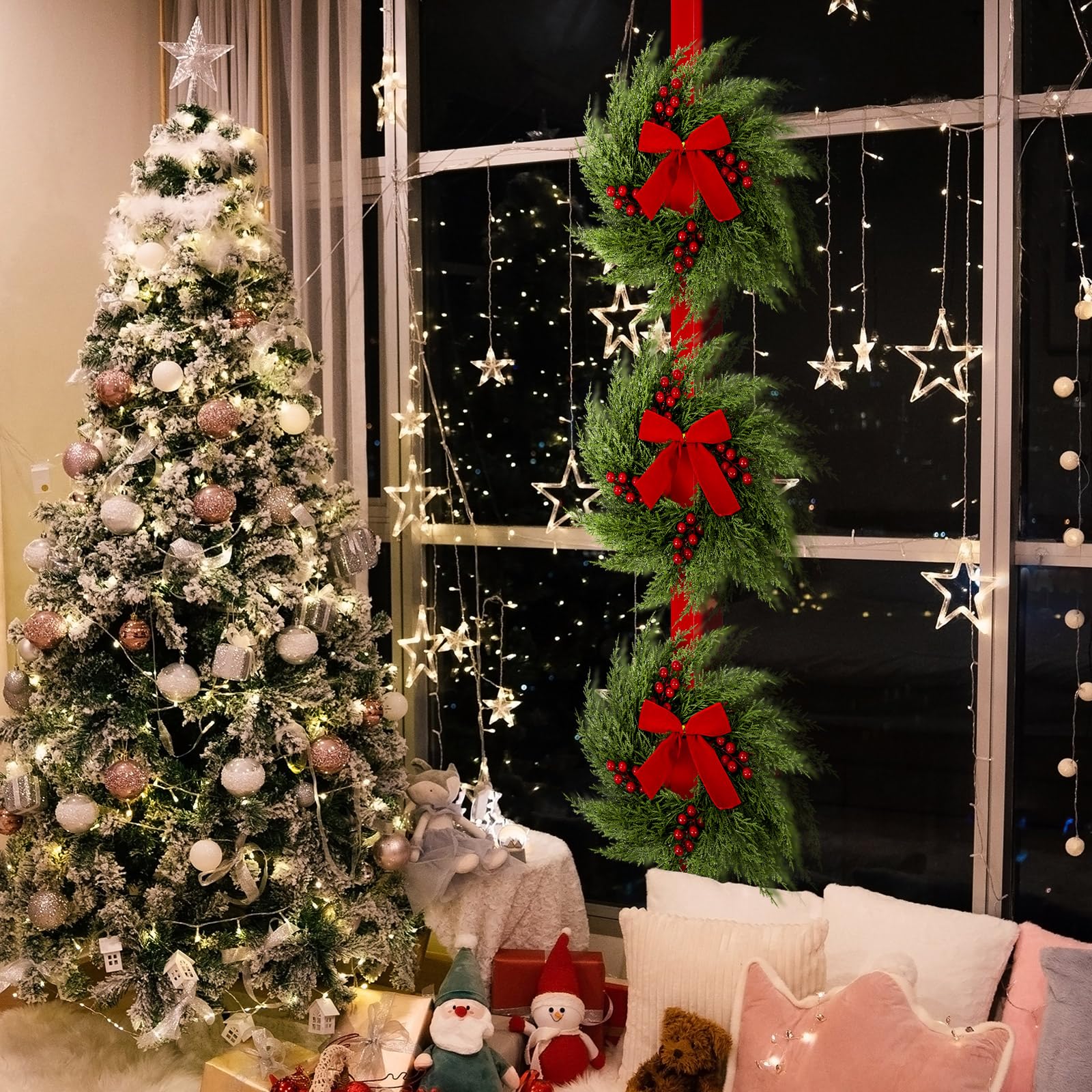 3-Tier Artificial Cedar Christmas Wreath with Red Velvet Bows