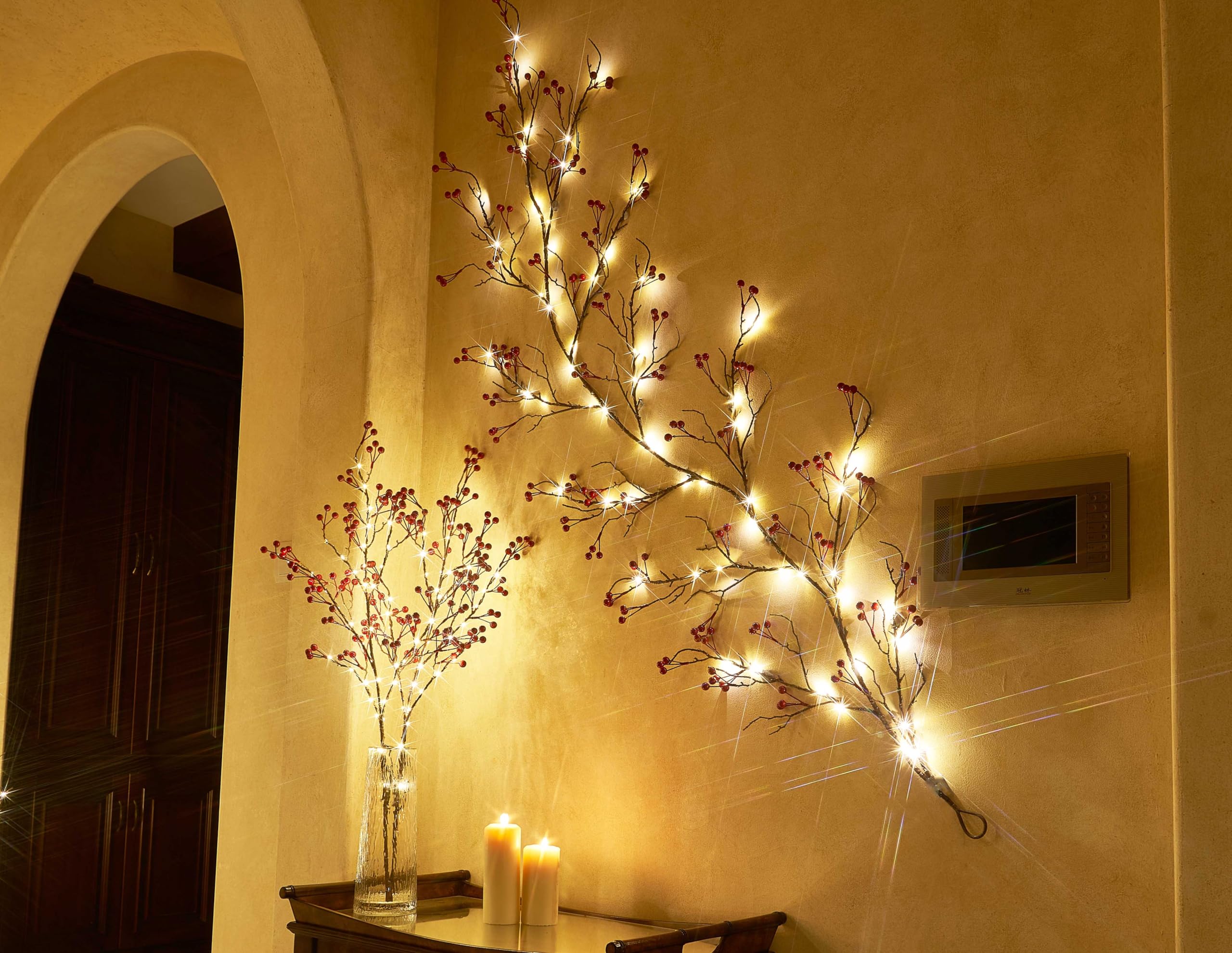  32IN Lighted Red Berry Branches 80 LED Fairy Lights with Timer
