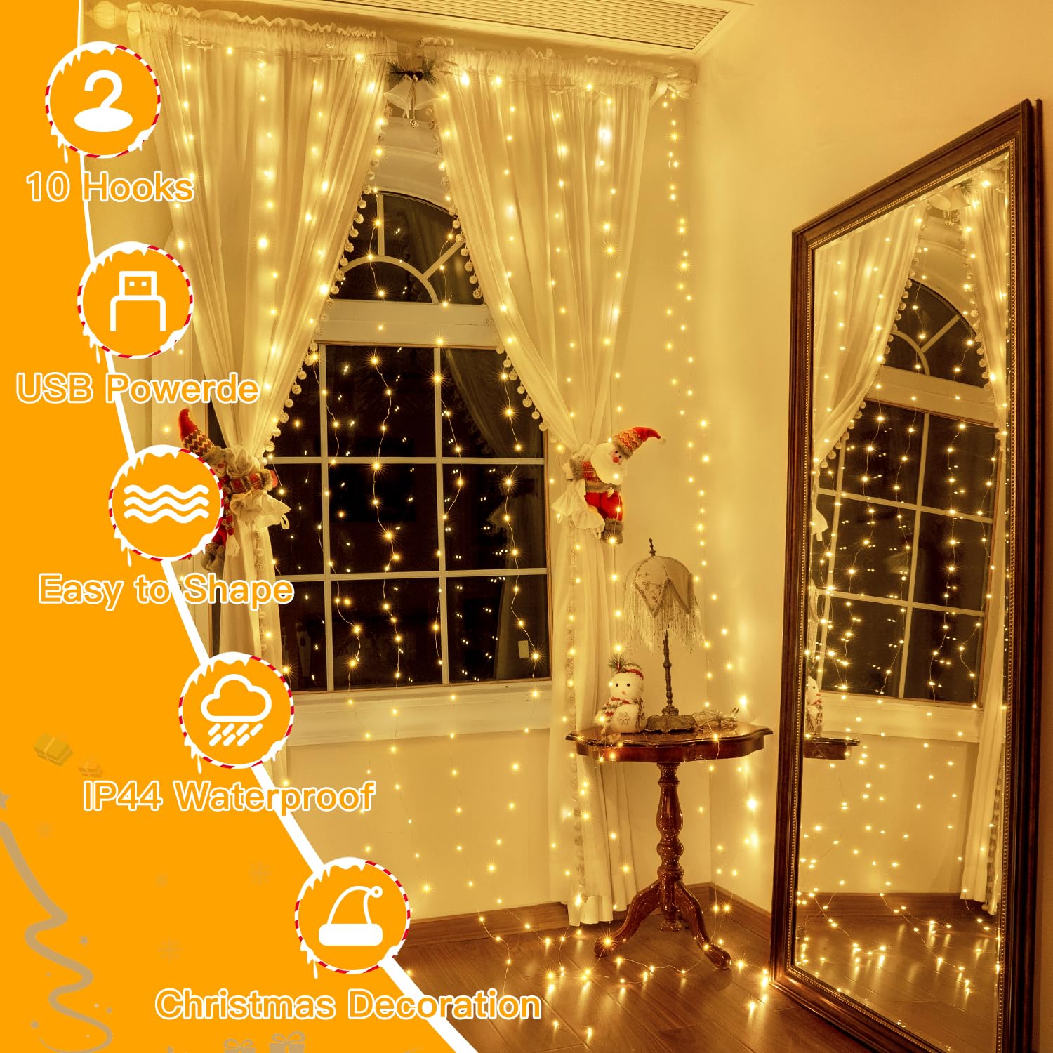 10FT 10FT Curtain Fairy Lights 300 LED Indoor Outdoor String Lights