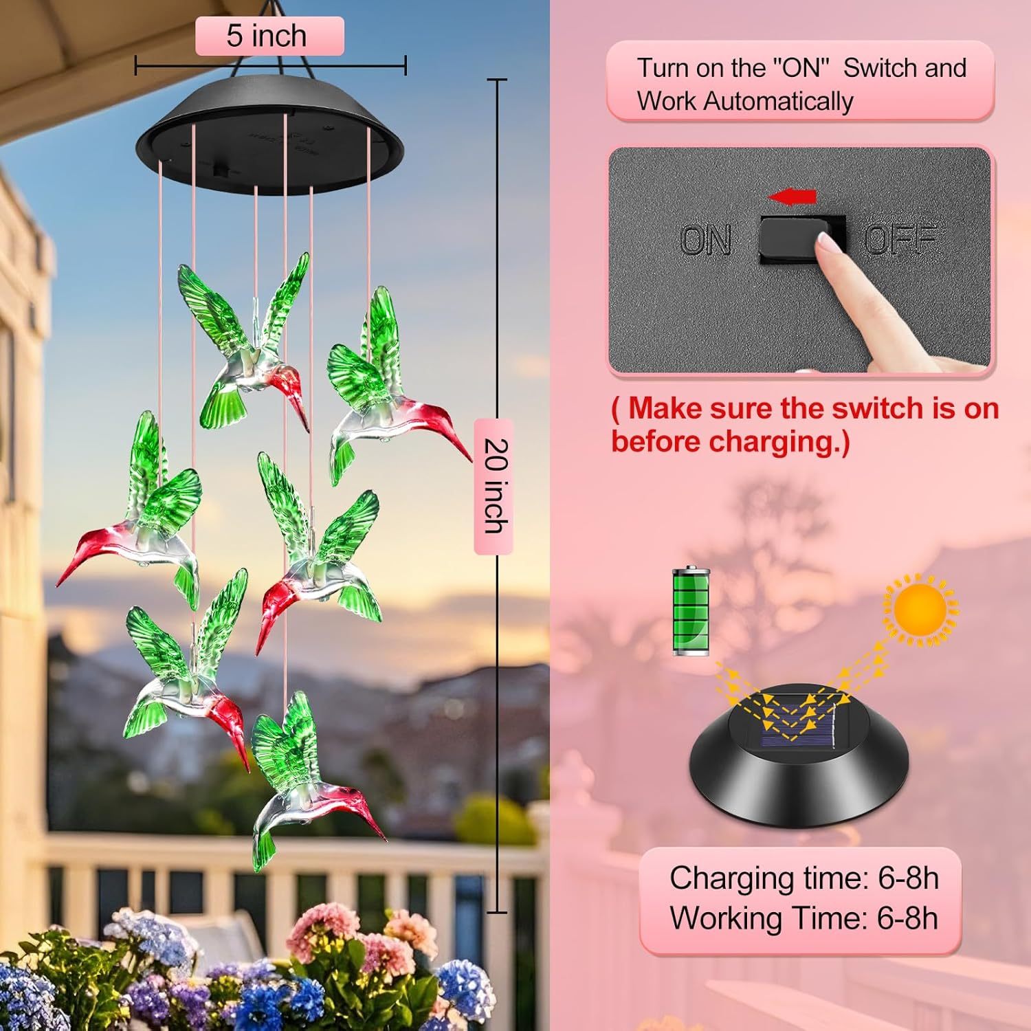 LED Color-Changing Hummingbird Wind Chimes